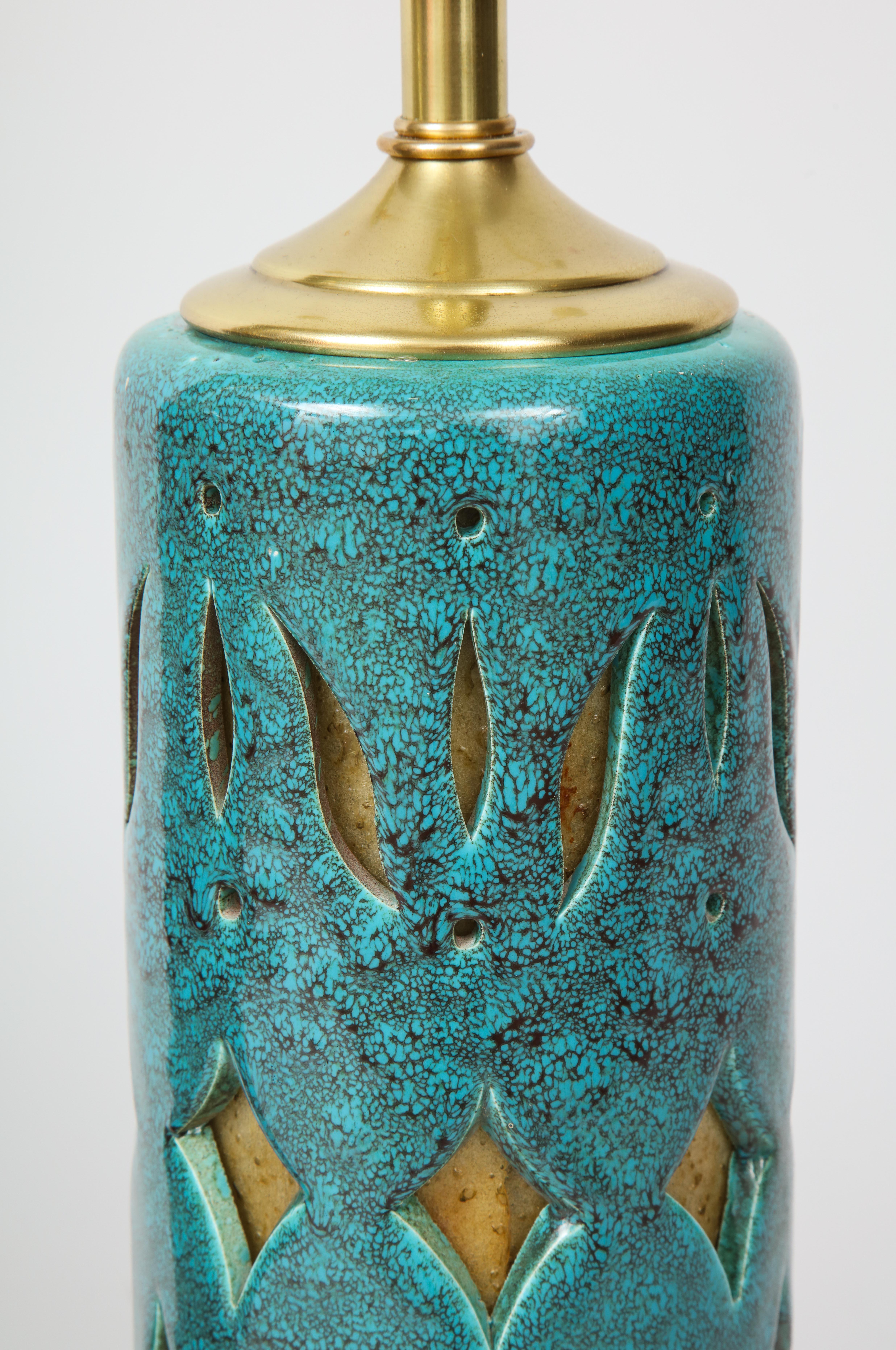 Mid-20th Century Pair of Teal Glazed Italian Ceramic Lamps