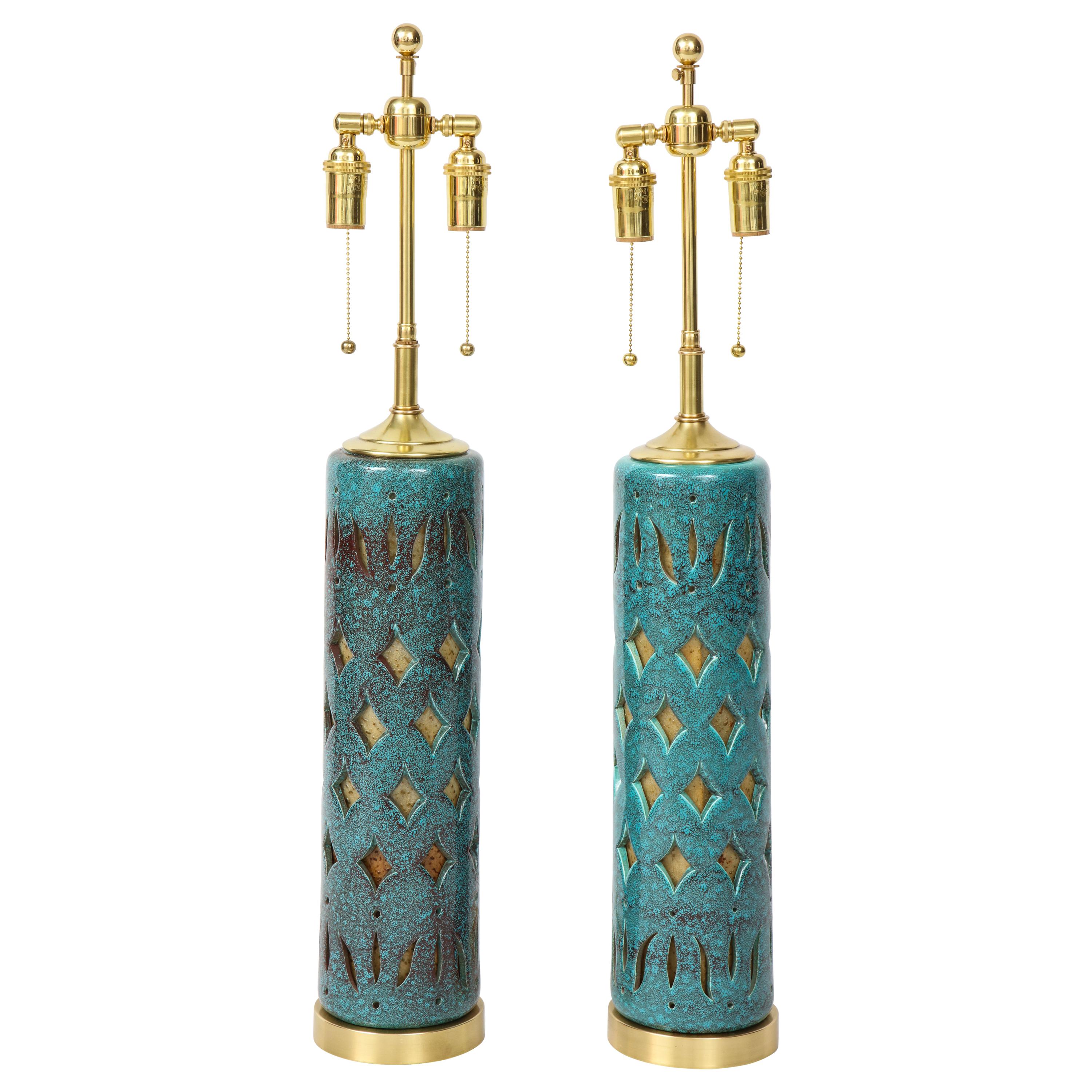 Pair of Teal Glazed Italian Ceramic Lamps