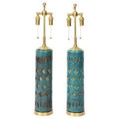 Pair of Teal Glazed Italian Ceramic Lamps