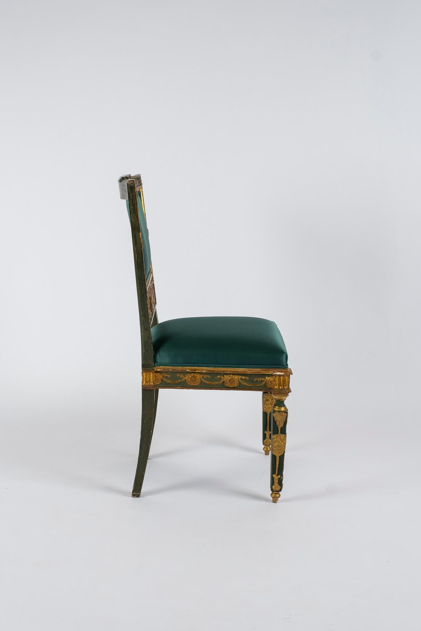 Hand-Carved Pair of Teal Green Silk Satin French Empire Chairs