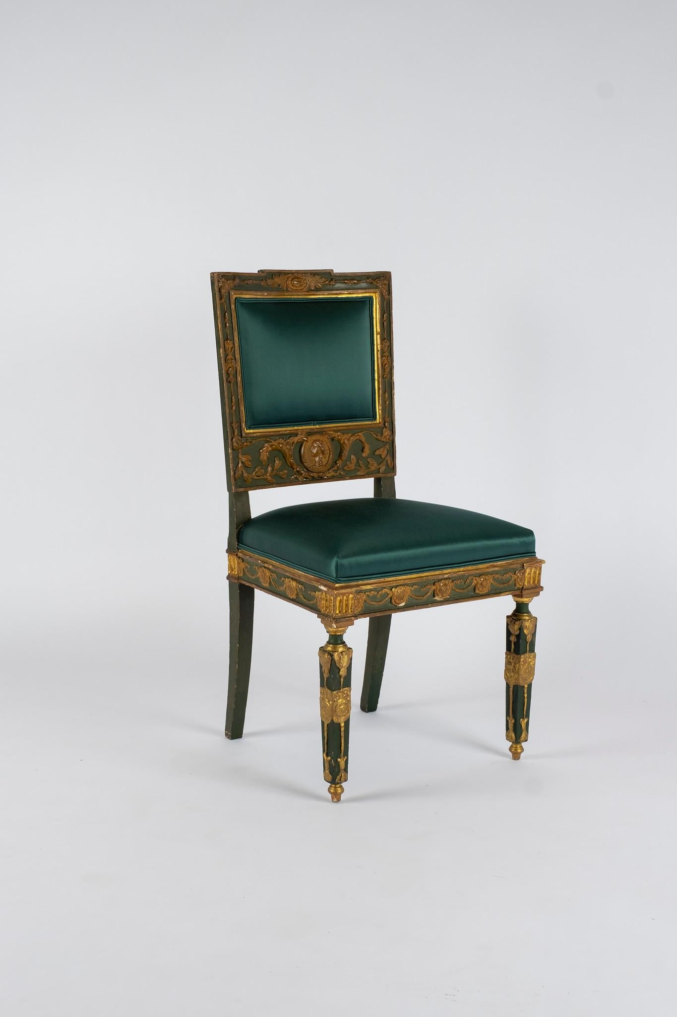 Giltwood Pair of Teal Green Silk Satin French Empire Chairs