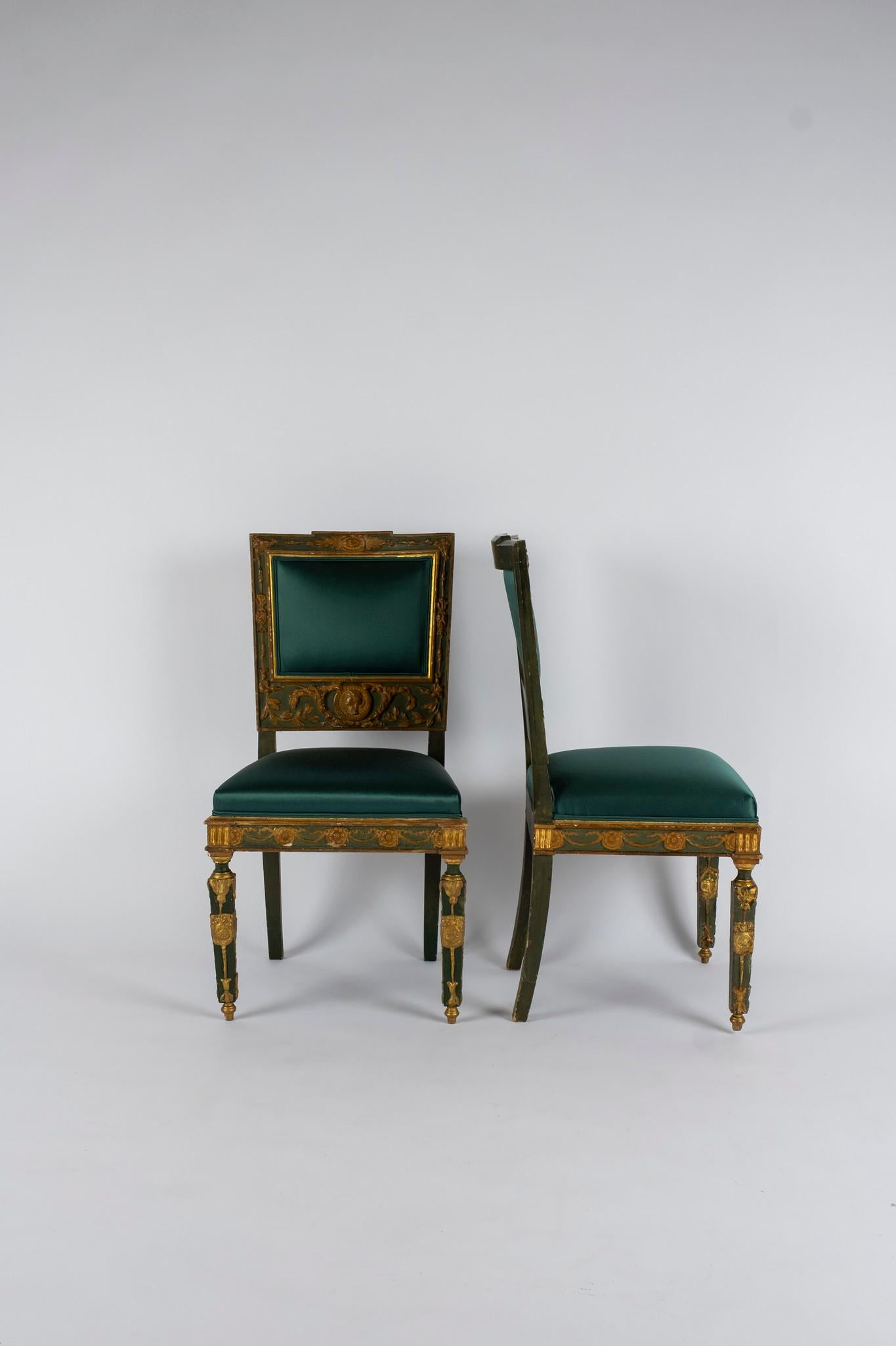 Pair of Teal Green Silk Satin French Empire Chairs 1