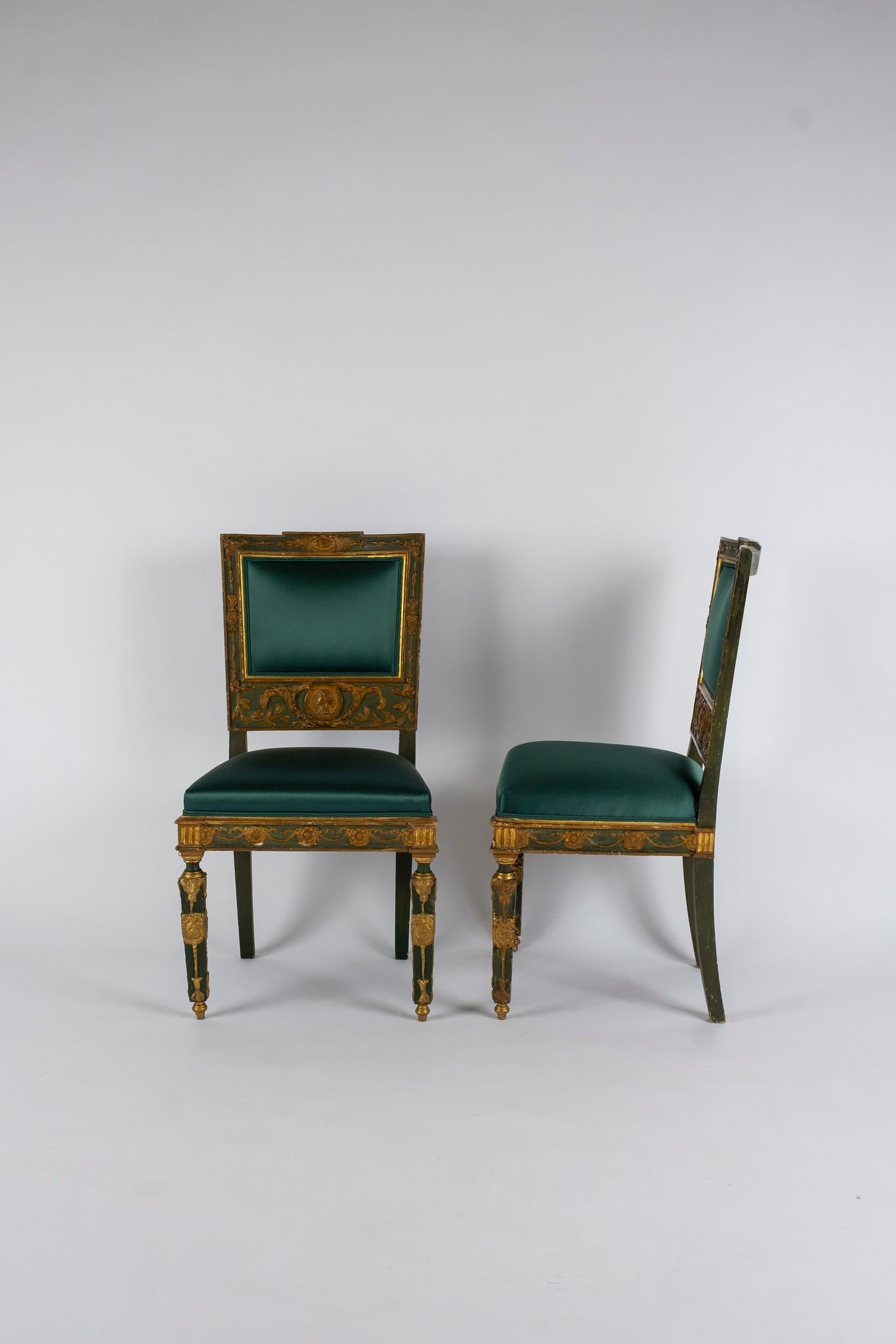 Pair of Teal Green Silk Satin French Empire Chairs 2