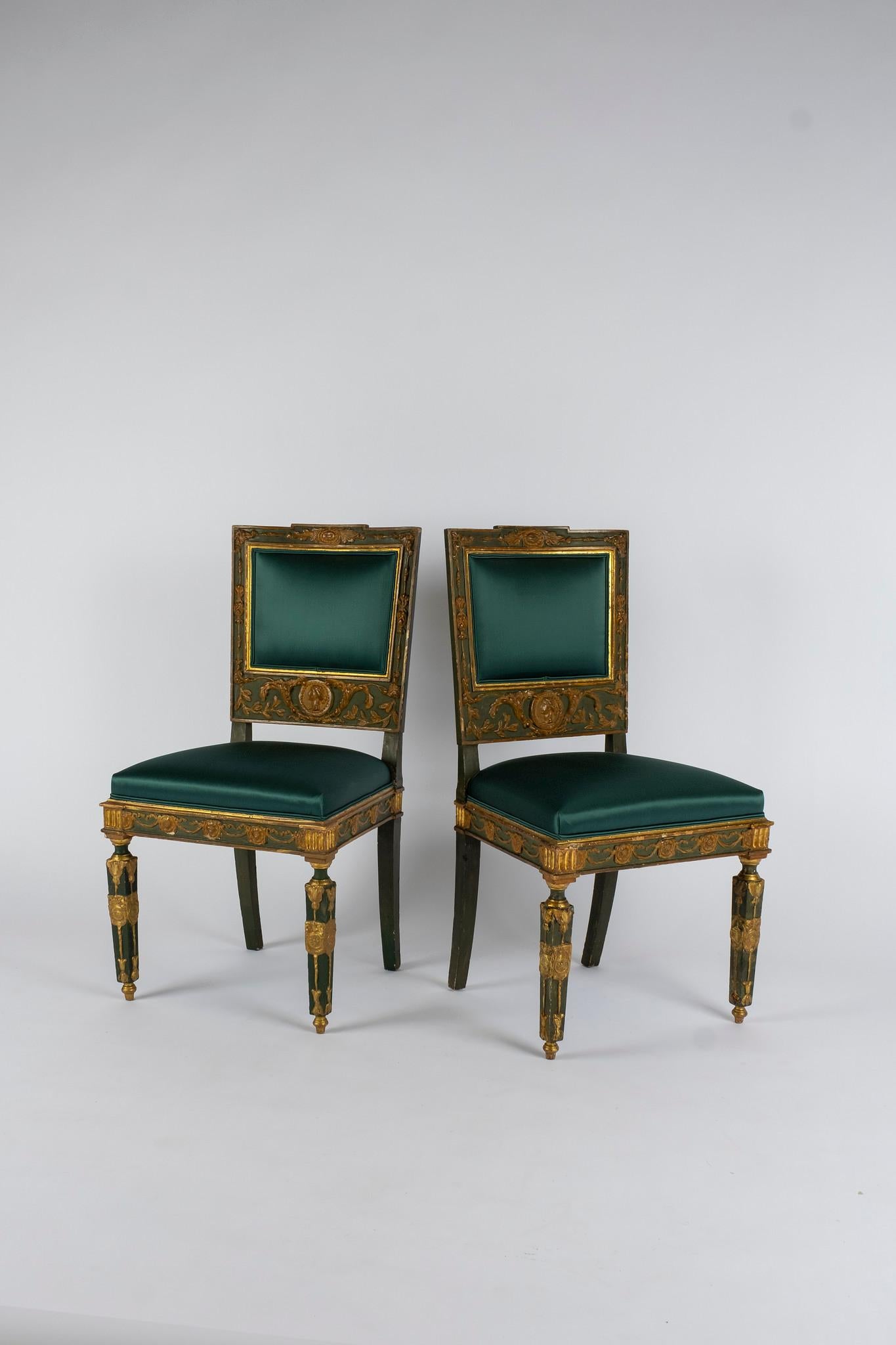 Pair of Teal Green Silk Satin French Empire Chairs 3