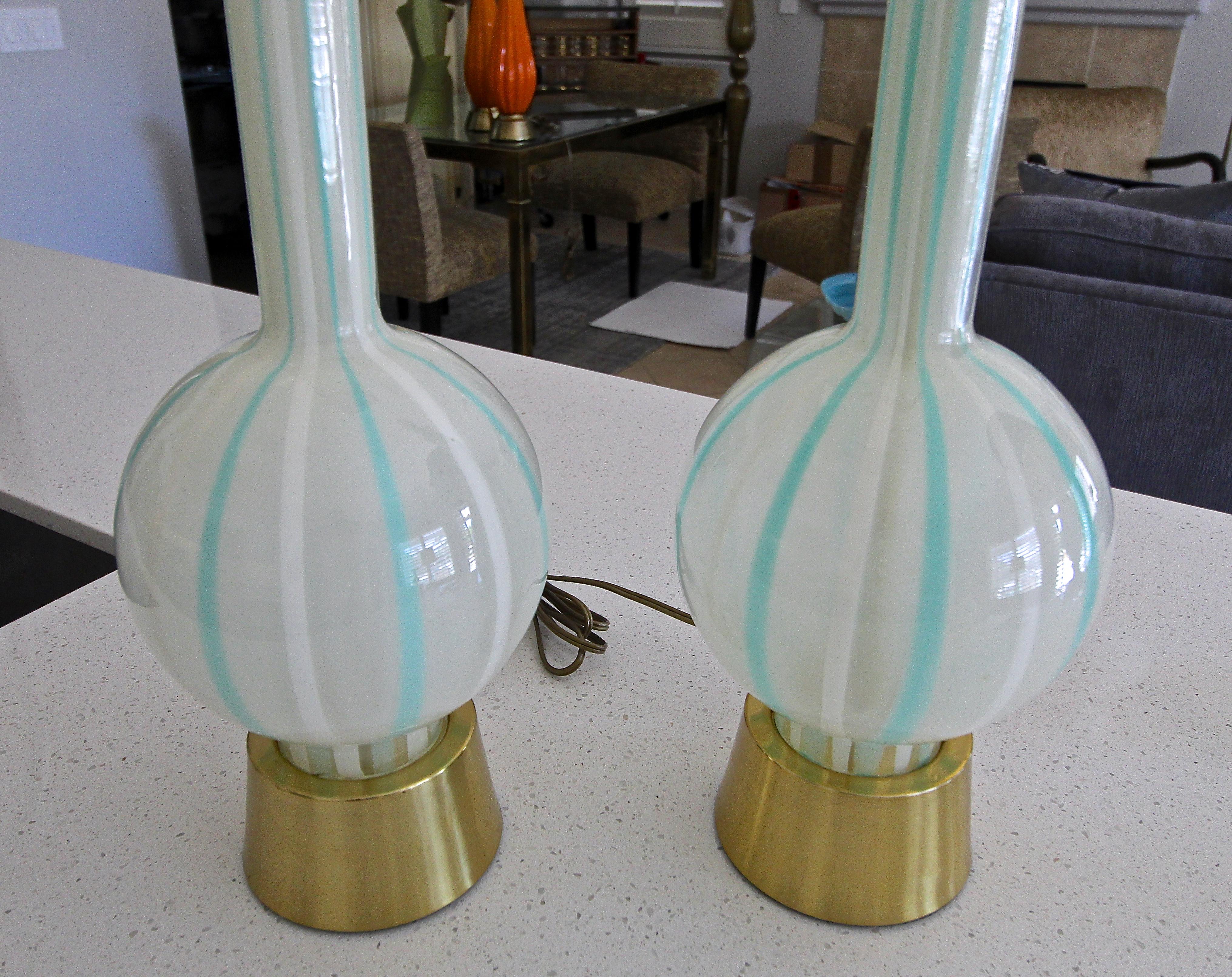 Pair of Teal and White Striped Glass Table Lamps 4