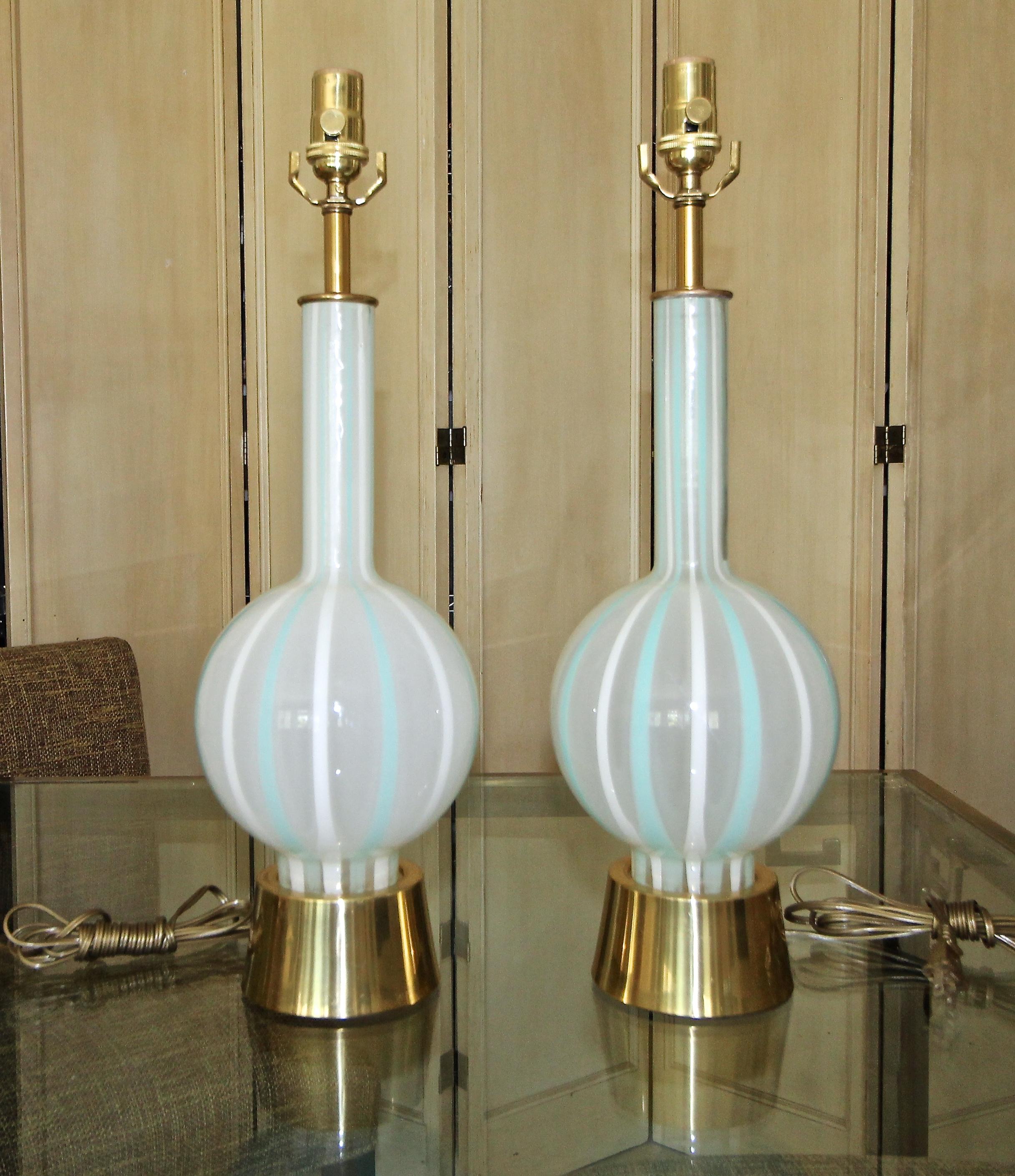 Pair of Teal and White Striped Glass Table Lamps 7