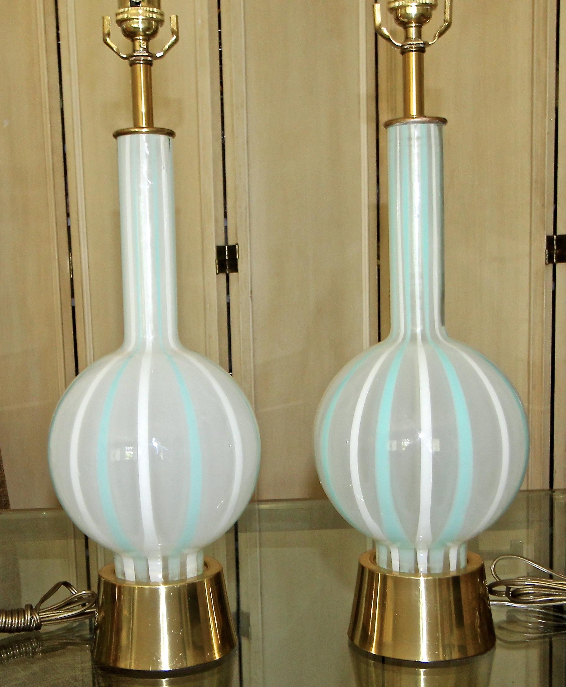 American Pair of Teal and White Striped Glass Table Lamps