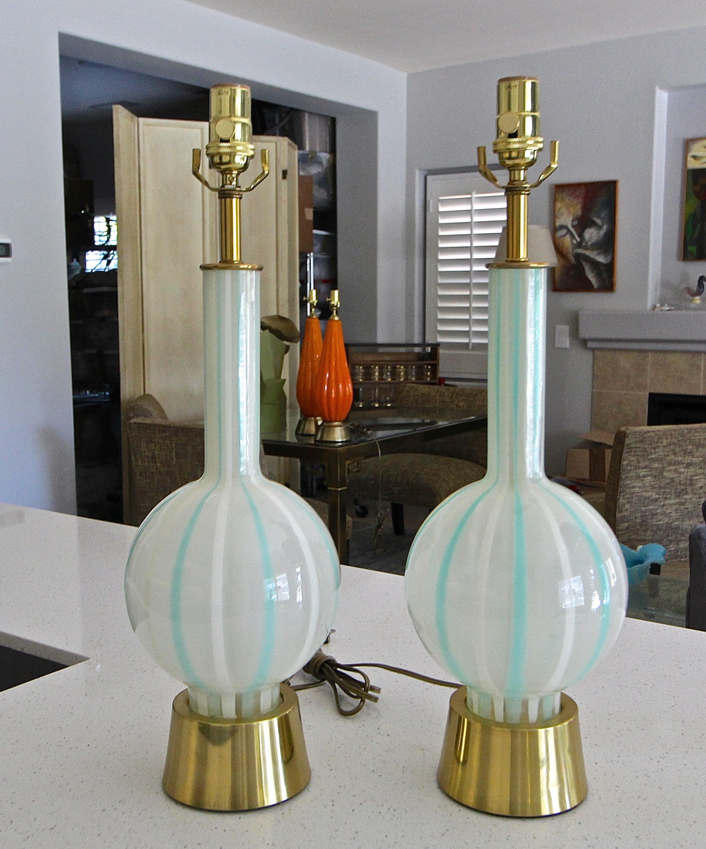 Pair of Teal and White Striped Glass Table Lamps In Good Condition In Palm Springs, CA