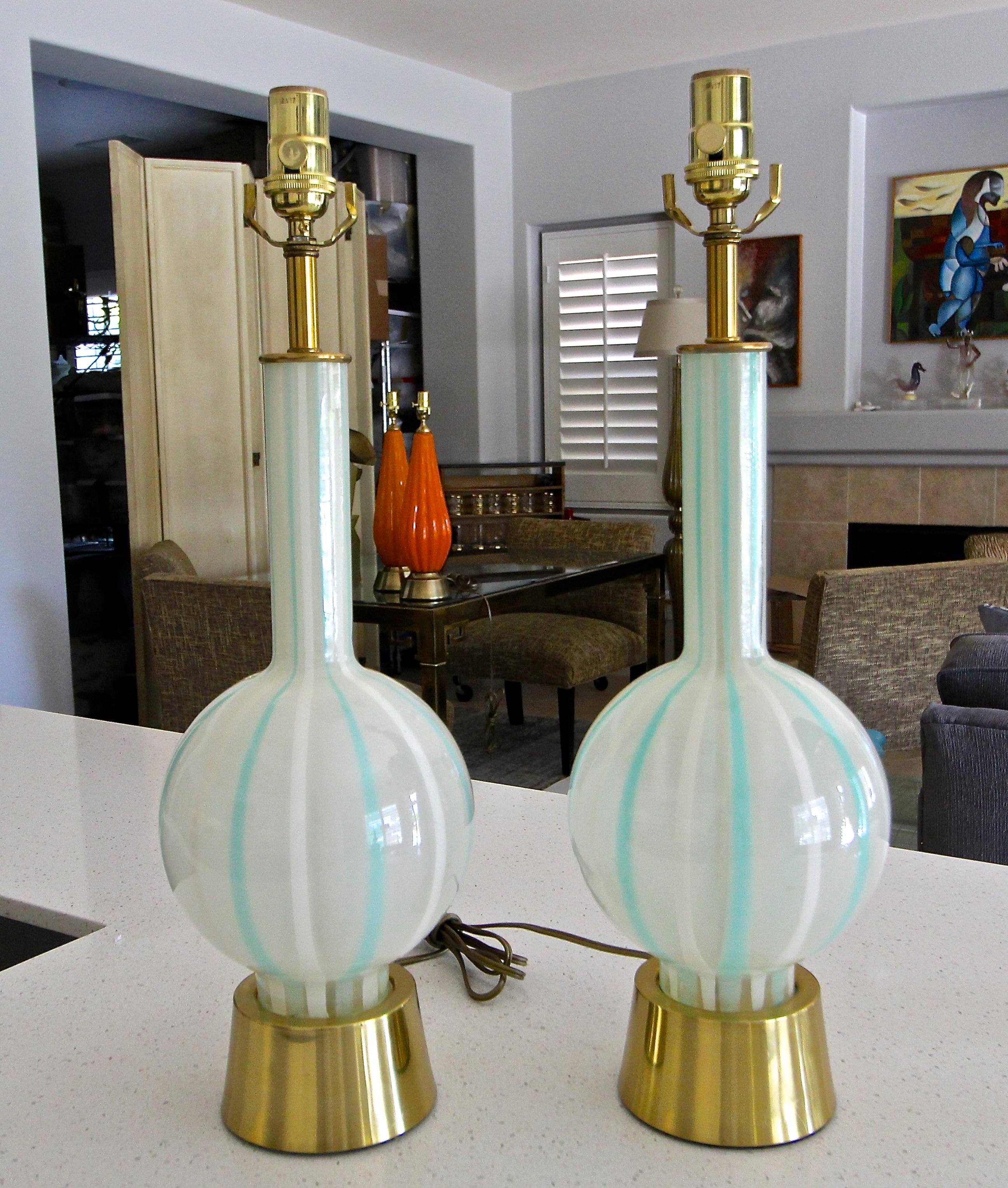 Mid-20th Century Pair of Teal and White Striped Glass Table Lamps