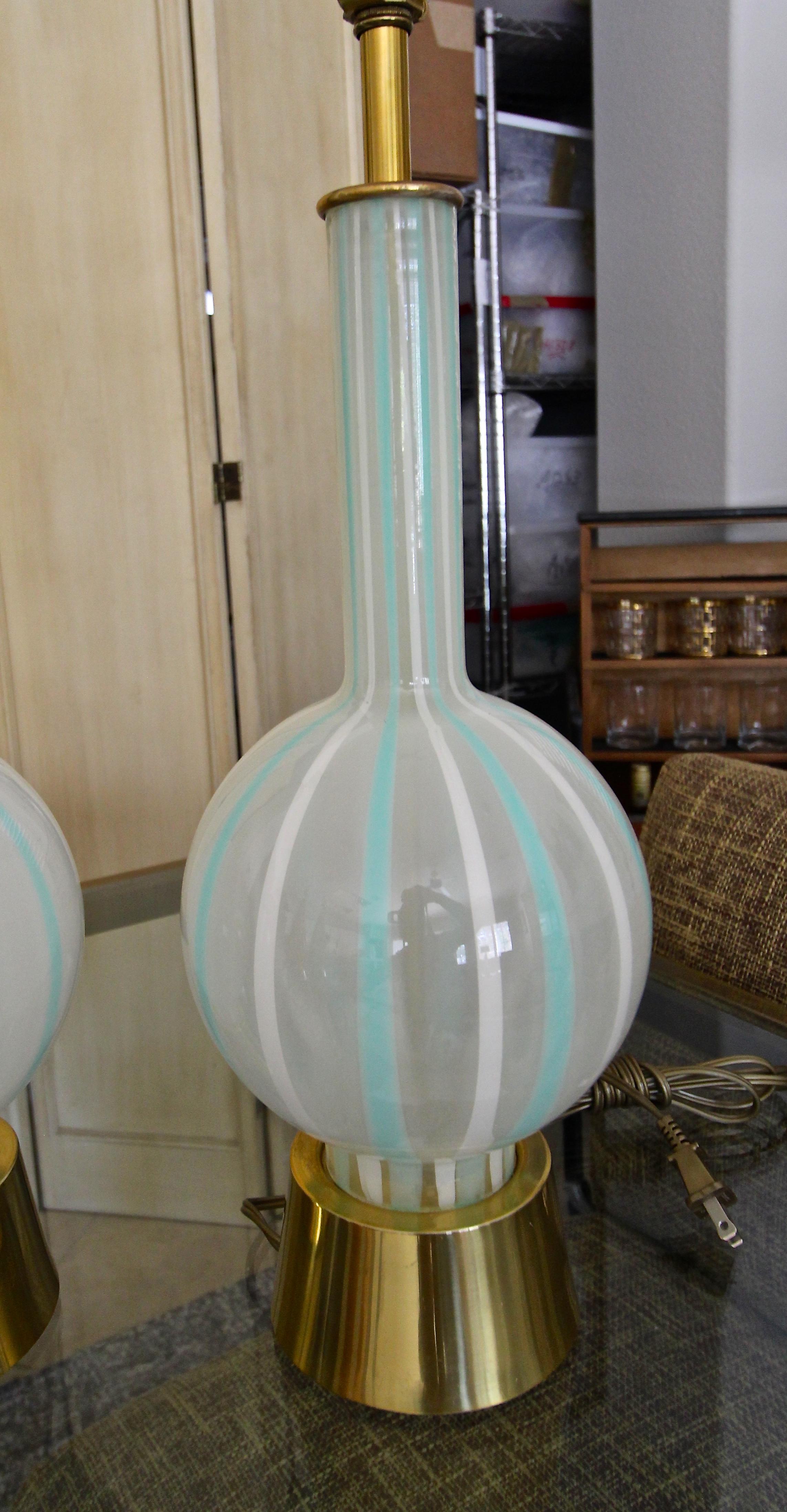 Brass Pair of Teal and White Striped Glass Table Lamps