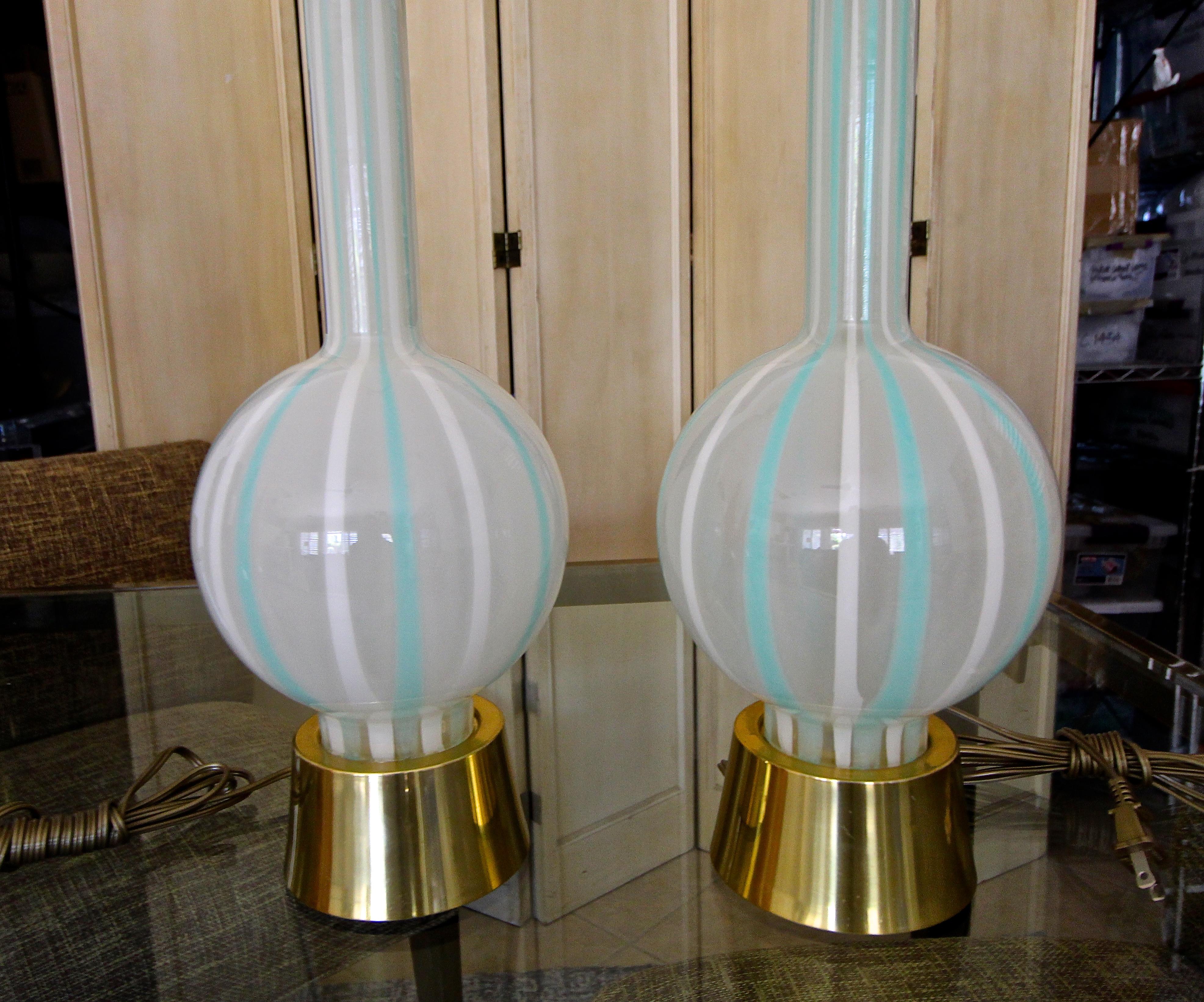 Pair of Teal and White Striped Glass Table Lamps 1