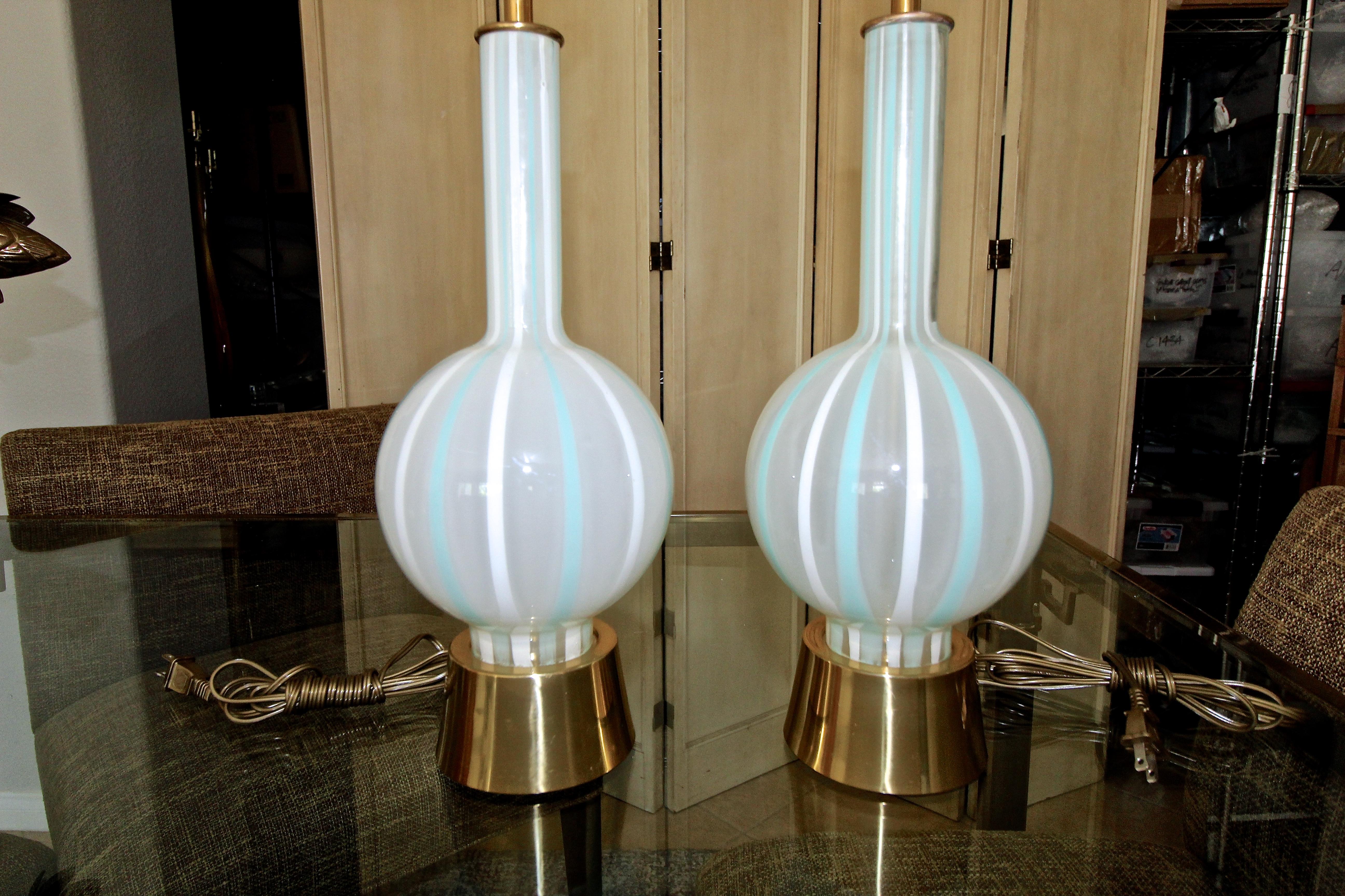 Pair of Teal and White Striped Glass Table Lamps 2