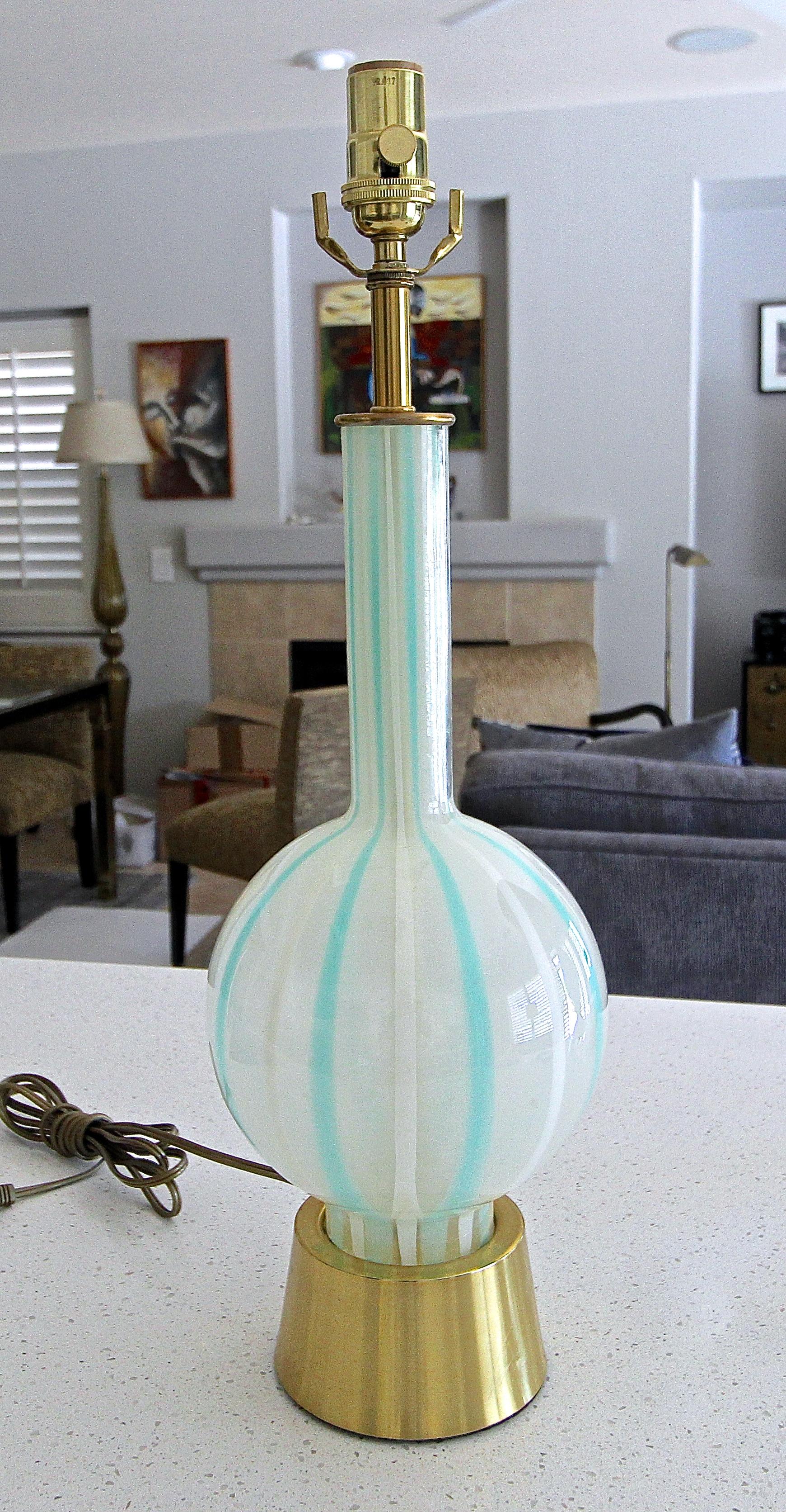 Pair of Teal and White Striped Glass Table Lamps 3