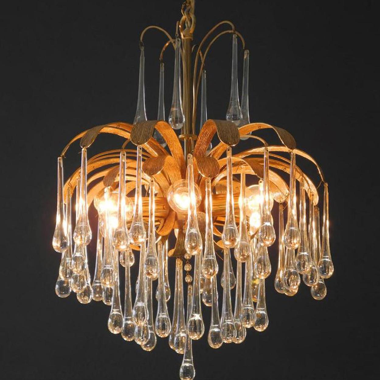 Pair of Tear Drop Glass 6-Light Chandeliers, Pendant Lights Palwa, 1960s In Good Condition In Rijssen, NL