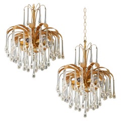 Pair of Tear Drop Glass 6-Light Chandeliers, Pendant Lights Palwa, 1960s