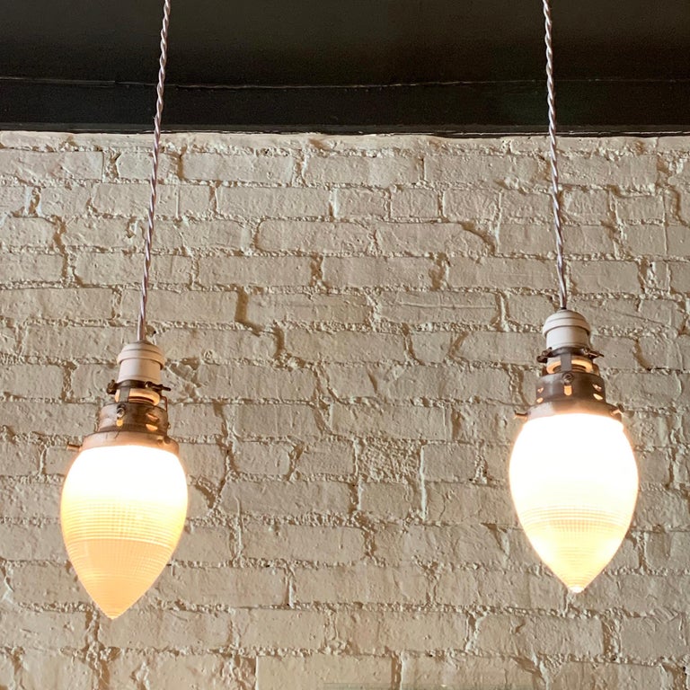 Pair of Teardrop Shape Prismatic Holophane Glass Pendant Lights For