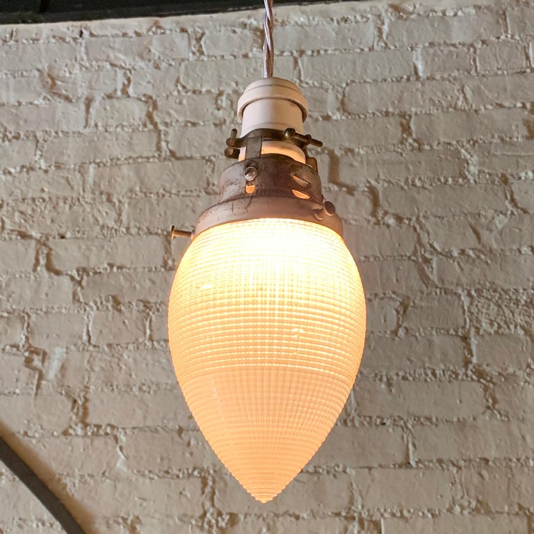 Pair of Teardrop Shape Prismatic Holophane Glass Pendant Lights For