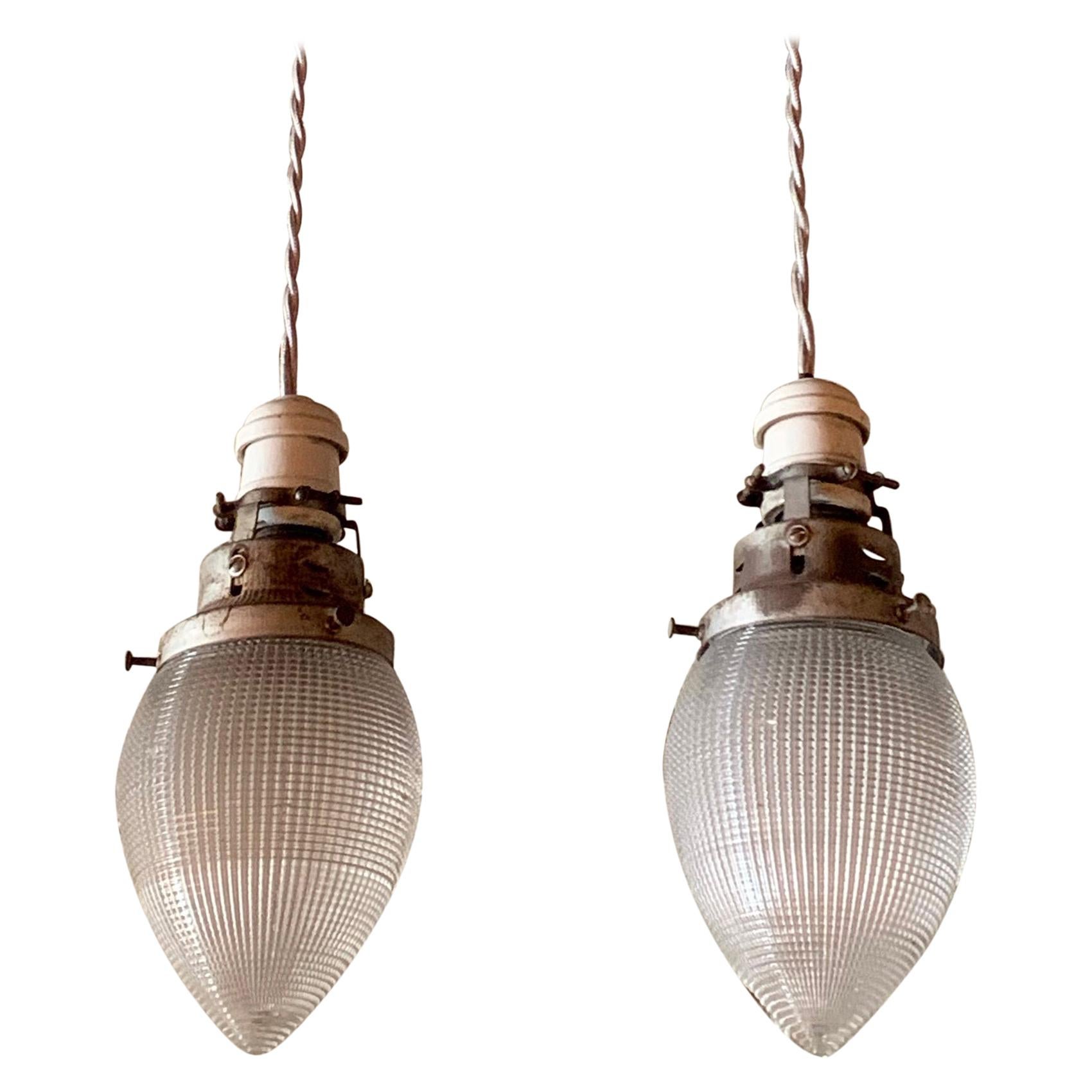 Pair of Teardrop Shape Prismatic Holophane Glass Pendant Lights