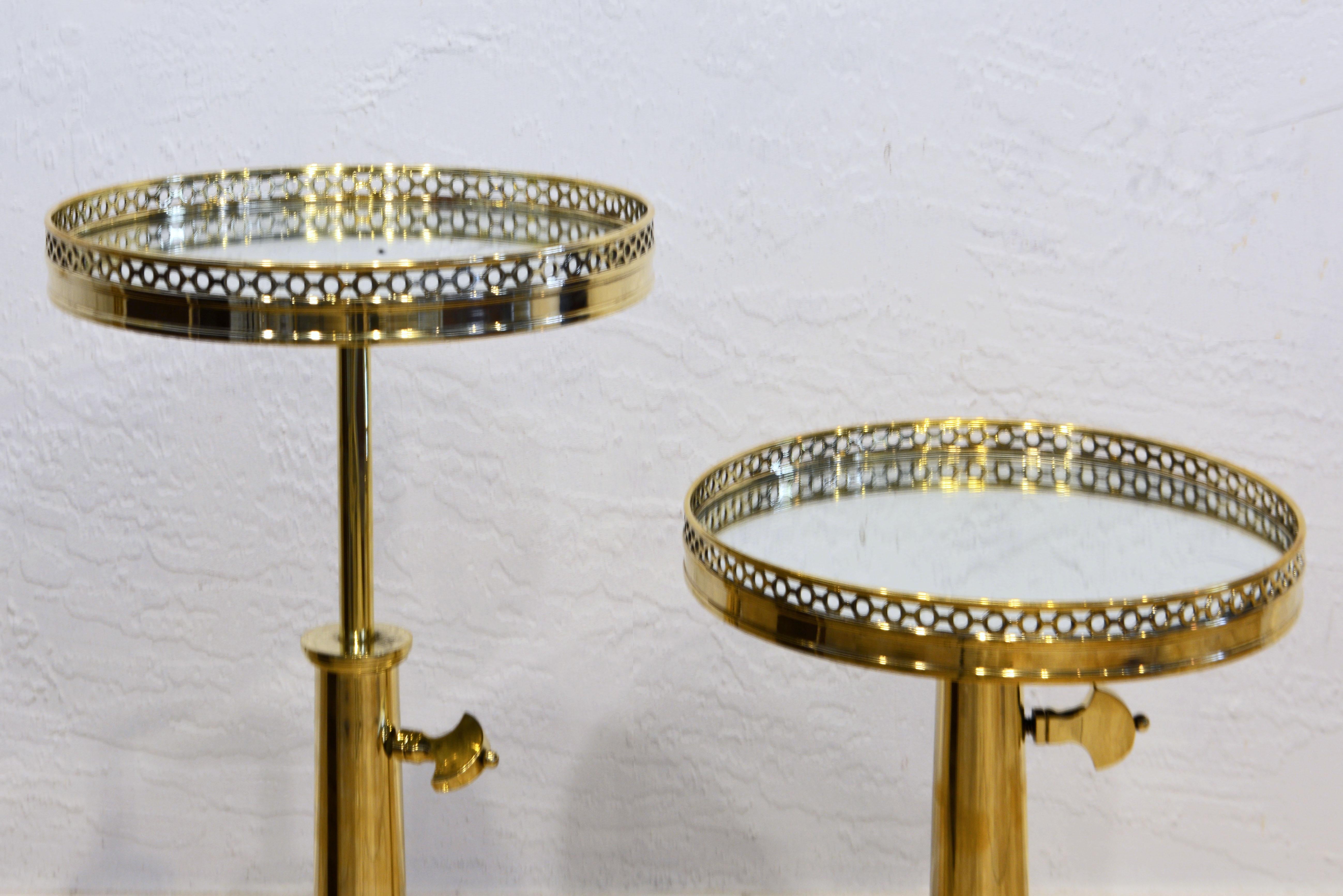 20th Century Pair of Telescoping Mirror Top Brass Occasional Tables by Maison Toulouse, Paris