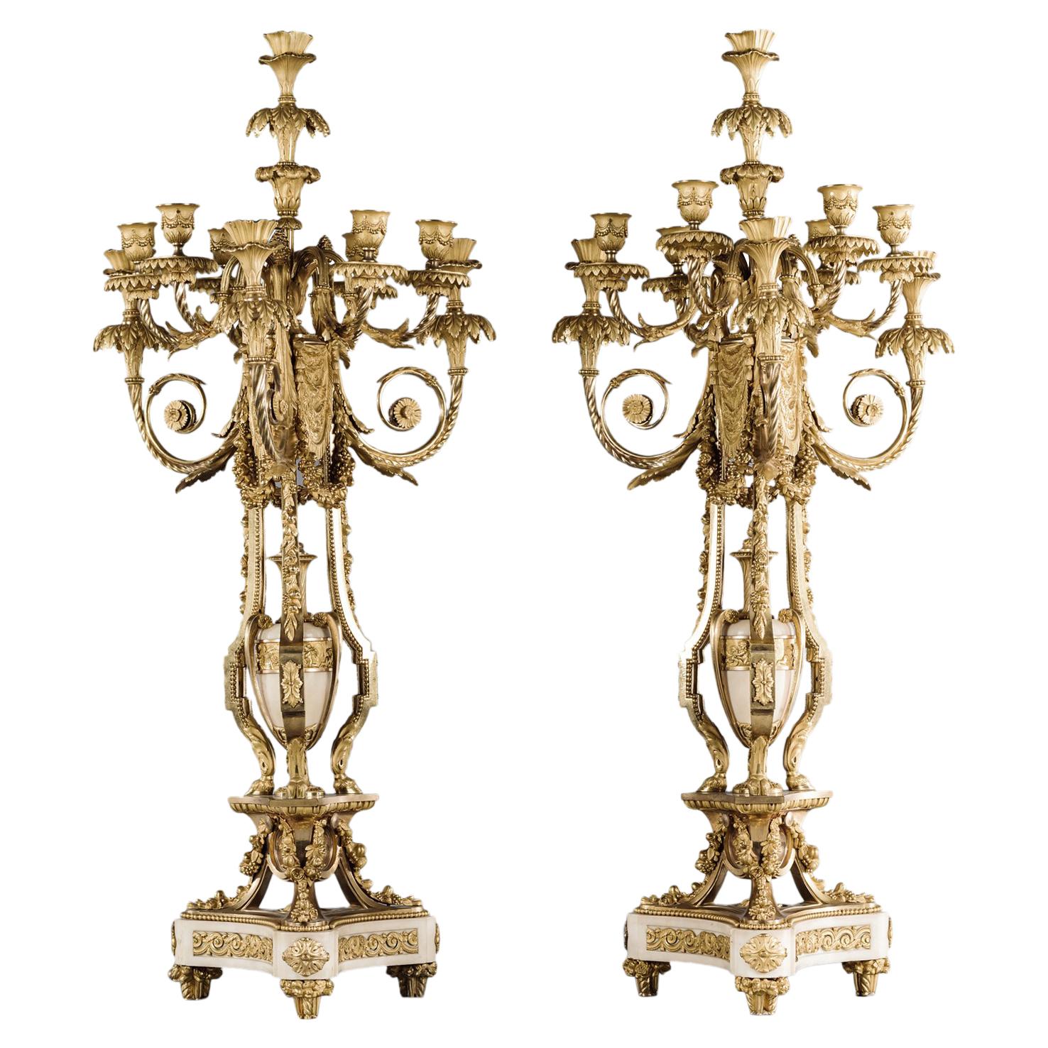 Pair Of Ten-Light Candelabra After Pierre Gouthière, by Henri Picard, Circa 1870 For Sale