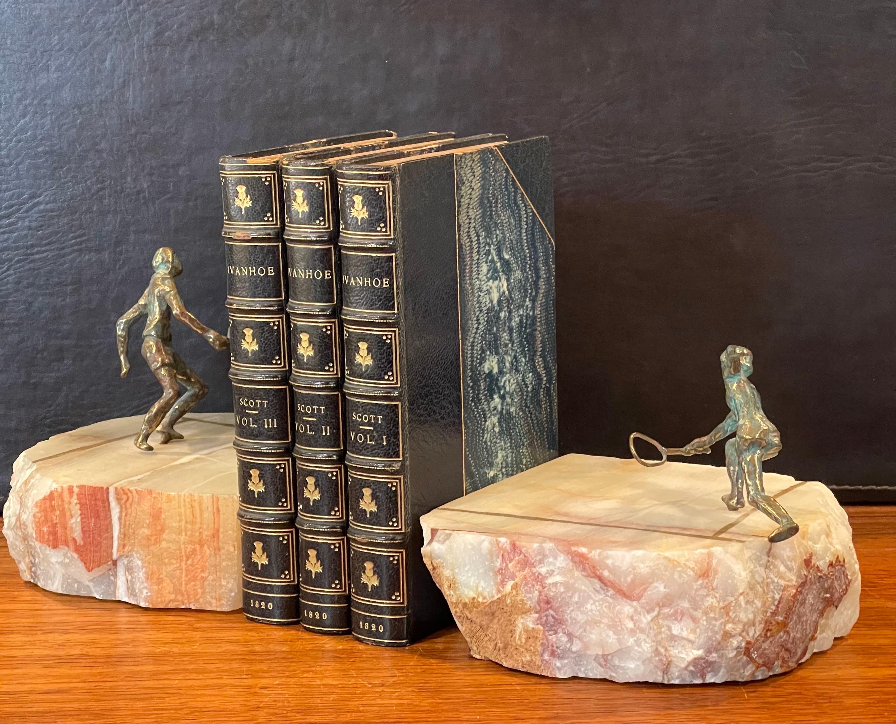 Bronze Pair of Tennis Players on Quartz Court Bookends by Curtis Jere for Artisan House For Sale
