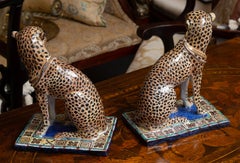 Pair of Terra Cotta Hand Painted and Glazed Cheetahs