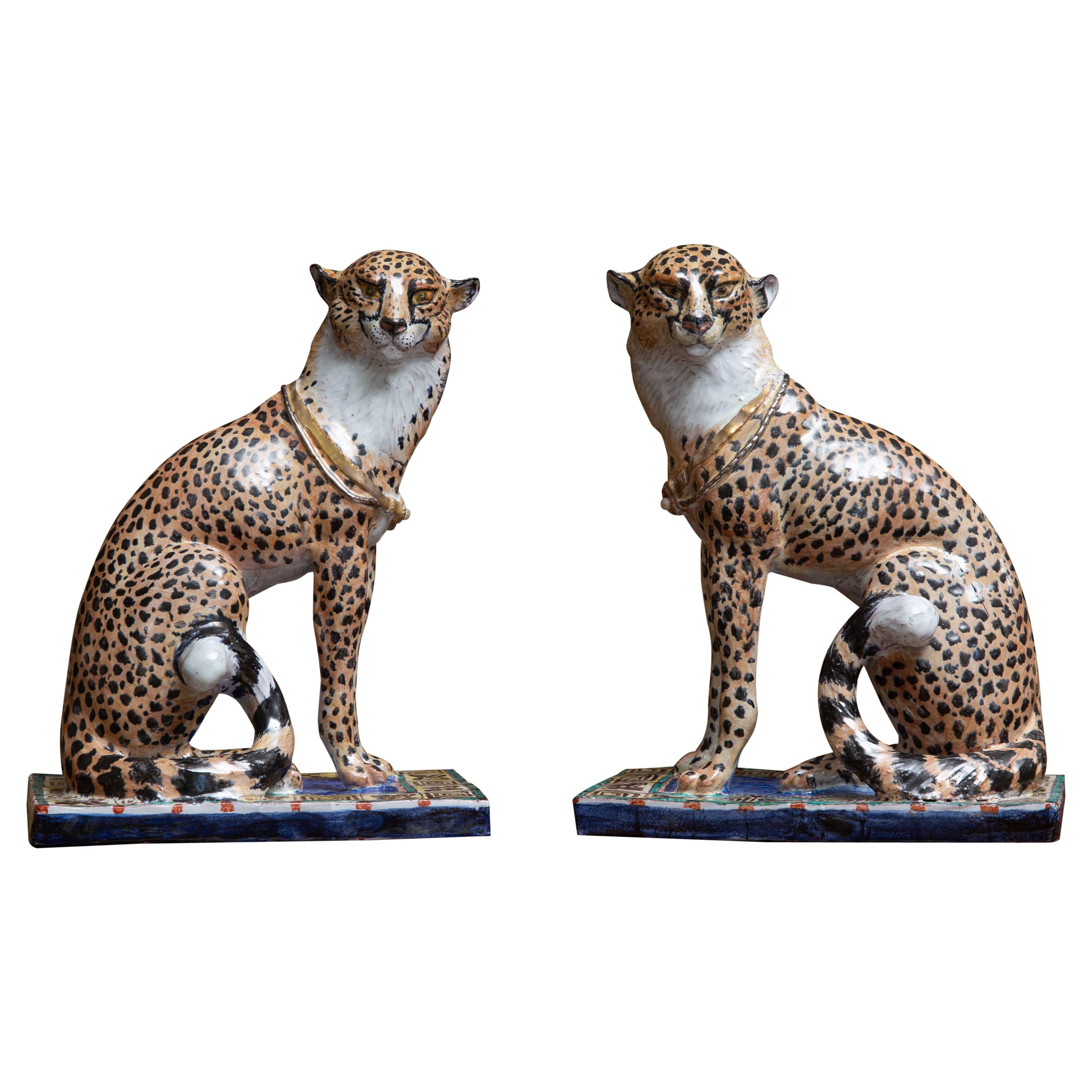 Pair of Terra Cotta Hand Painted and Glazed Cheetahs