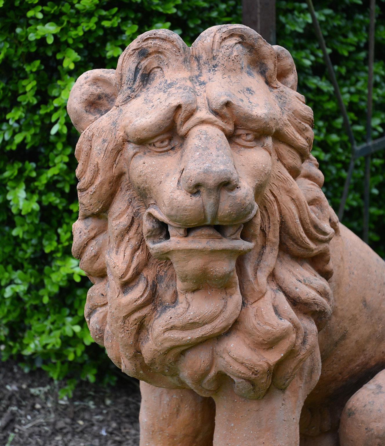 Cast Pair of Terracotta Lions in the French Style