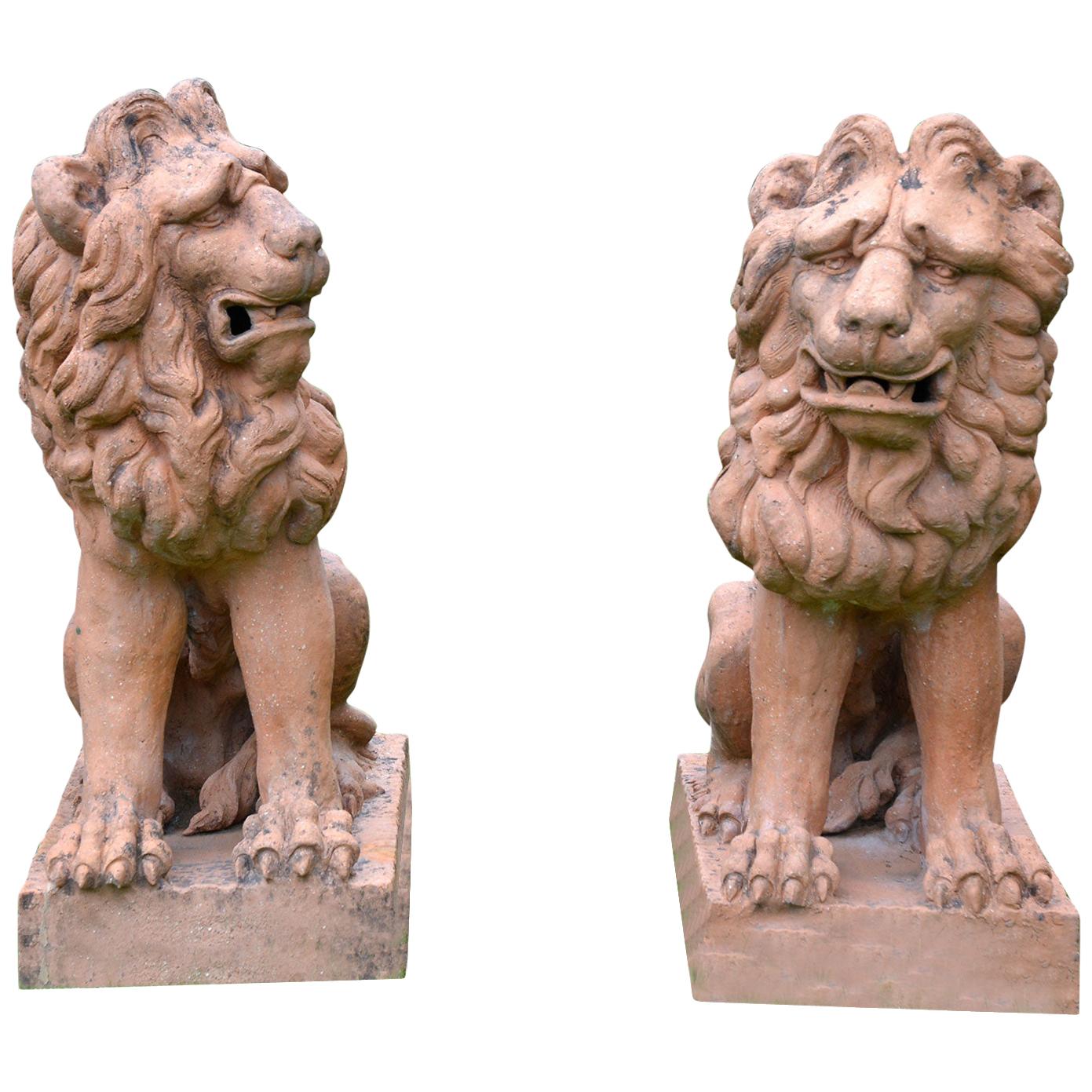 Pair of Terracotta Lions in the French Style