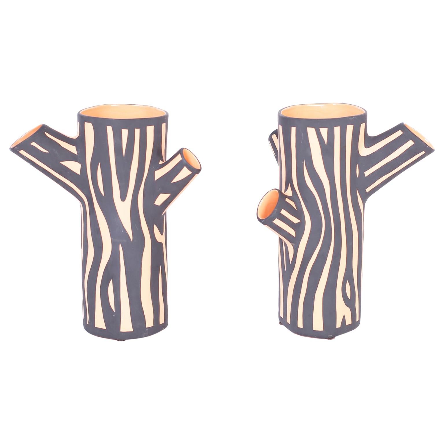 Pair of Terracotta Tree Trunk Form Vases