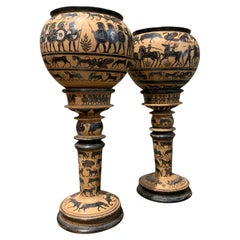 Pair of terra cotta vases with greek decor Italy 1950
