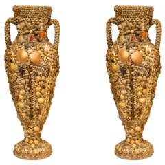 Pair of Terracotta and Shell Amphora Vases, circa 1950, France
