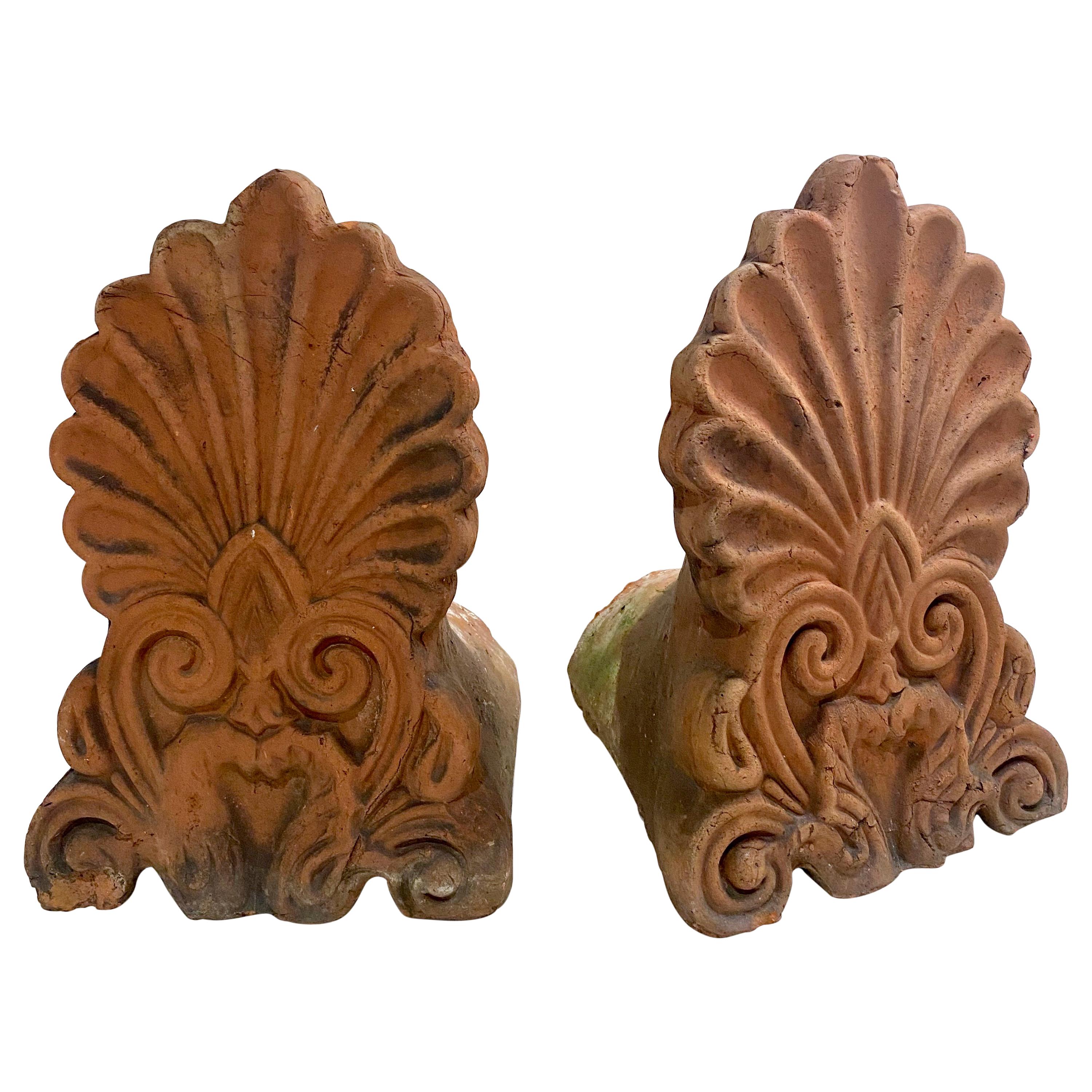 Pair of Terracotta Anthemion Roof Tiles