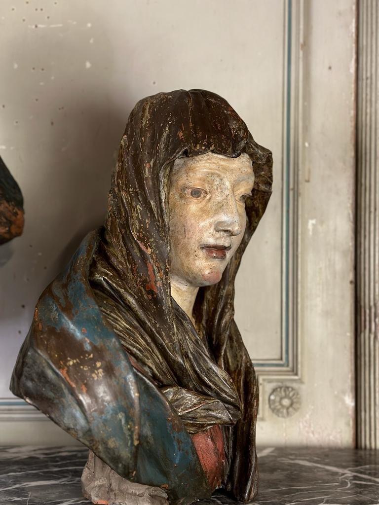 Italian Pair Of Terracotta Busts, Mary And Saint John, Italy 17th Centuryflag
