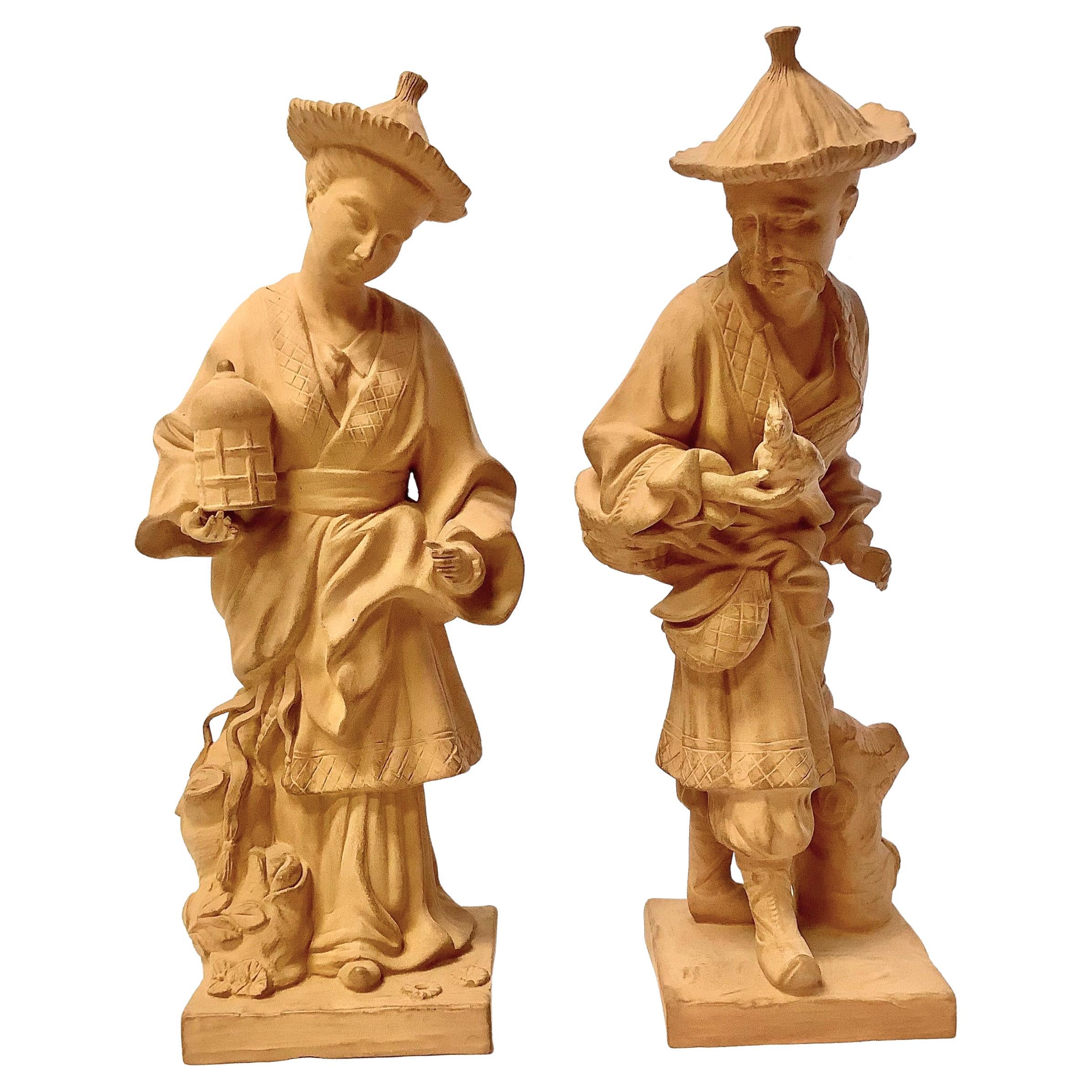 Pair of Terracotta Chinoiserie Chinese Figures, a Man and a Woman