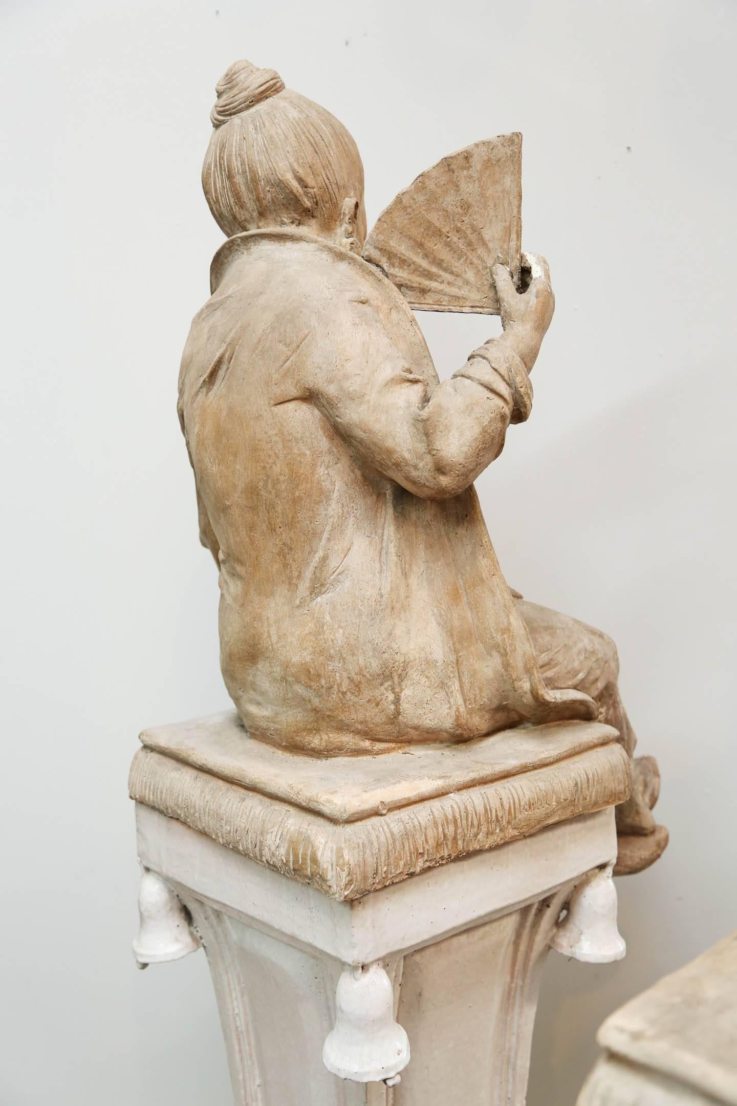 Italian Pair of Terracotta Chinoiserie Figures on Ceramic Columns