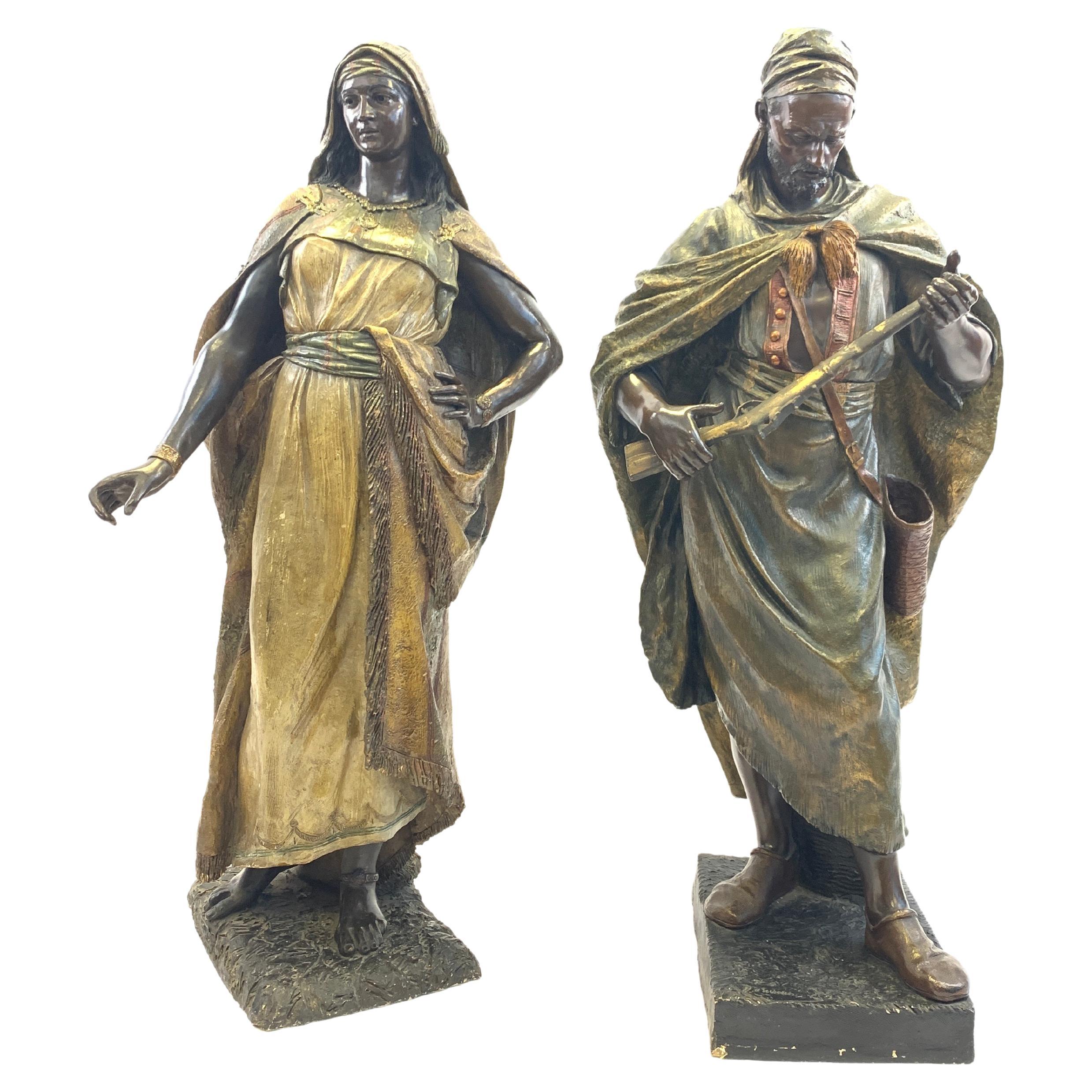 Pair of Terracotta Figures of an Oriental Lady and Arab Soldier by Goldscheider