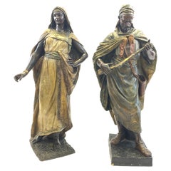 Pair of Terracotta Figures of an Oriental Lady and Arab Soldier by Goldscheider