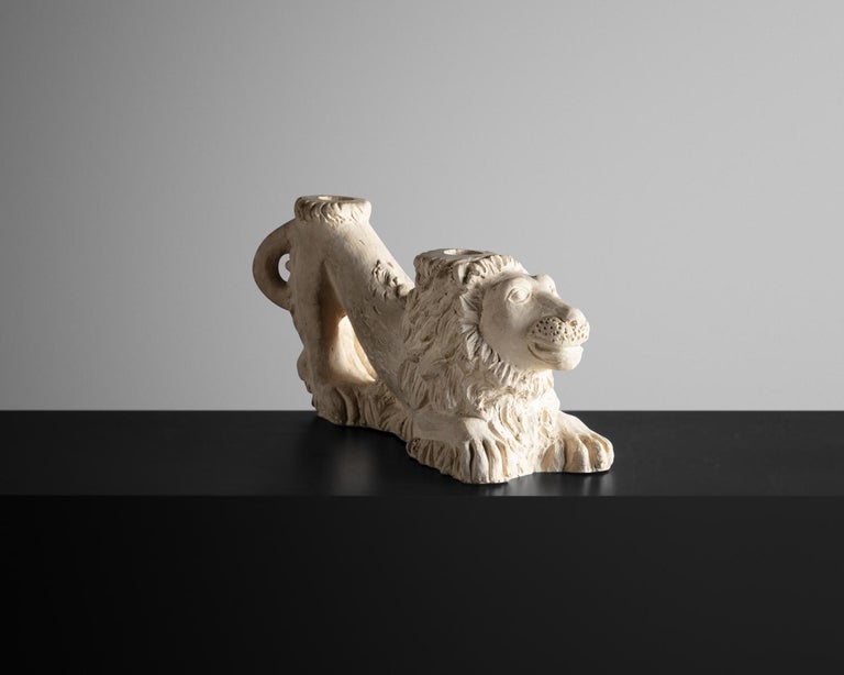 Rustic Pair of Terracotta Kneeling Lion Candleholders, France, 1950s For Sale