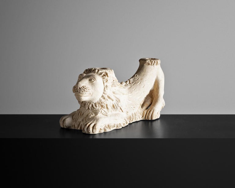 French Pair of Terracotta Kneeling Lion Candleholders, France, 1950s For Sale