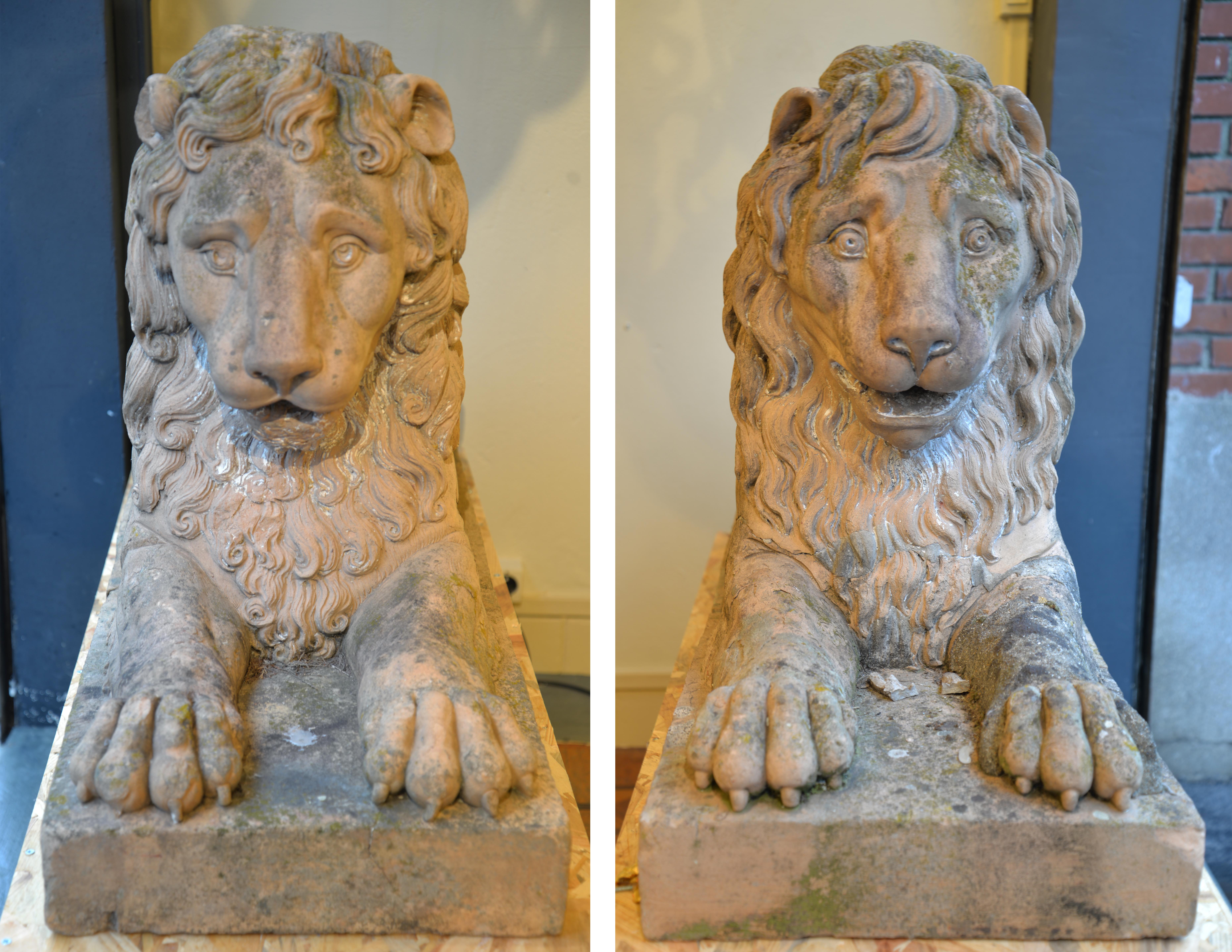 French Pair of Terracotta Lion Statues, 18th Century For Sale