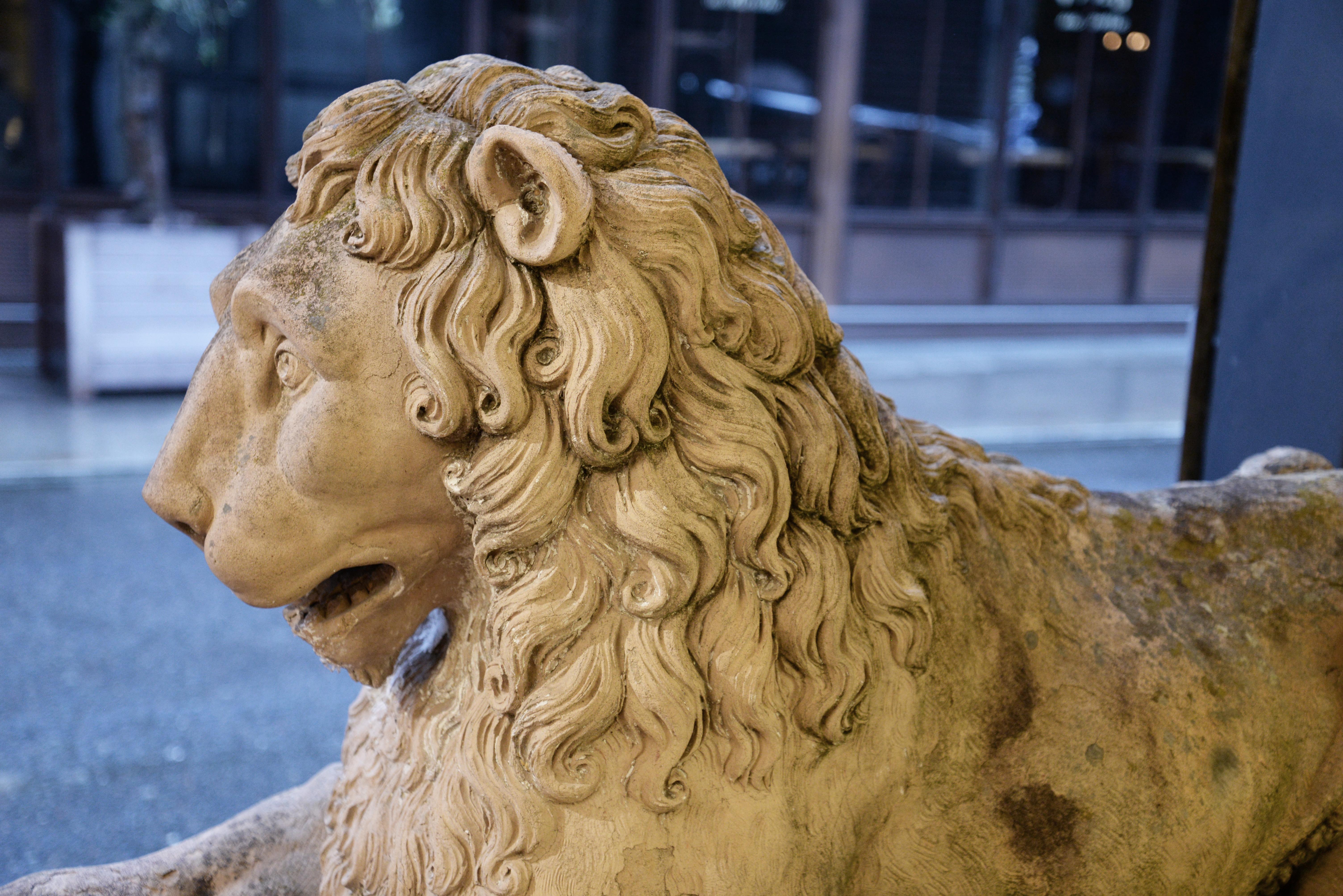 Terre cuite Paire de statues de lion en terre cuite, 18ème siècle en vente