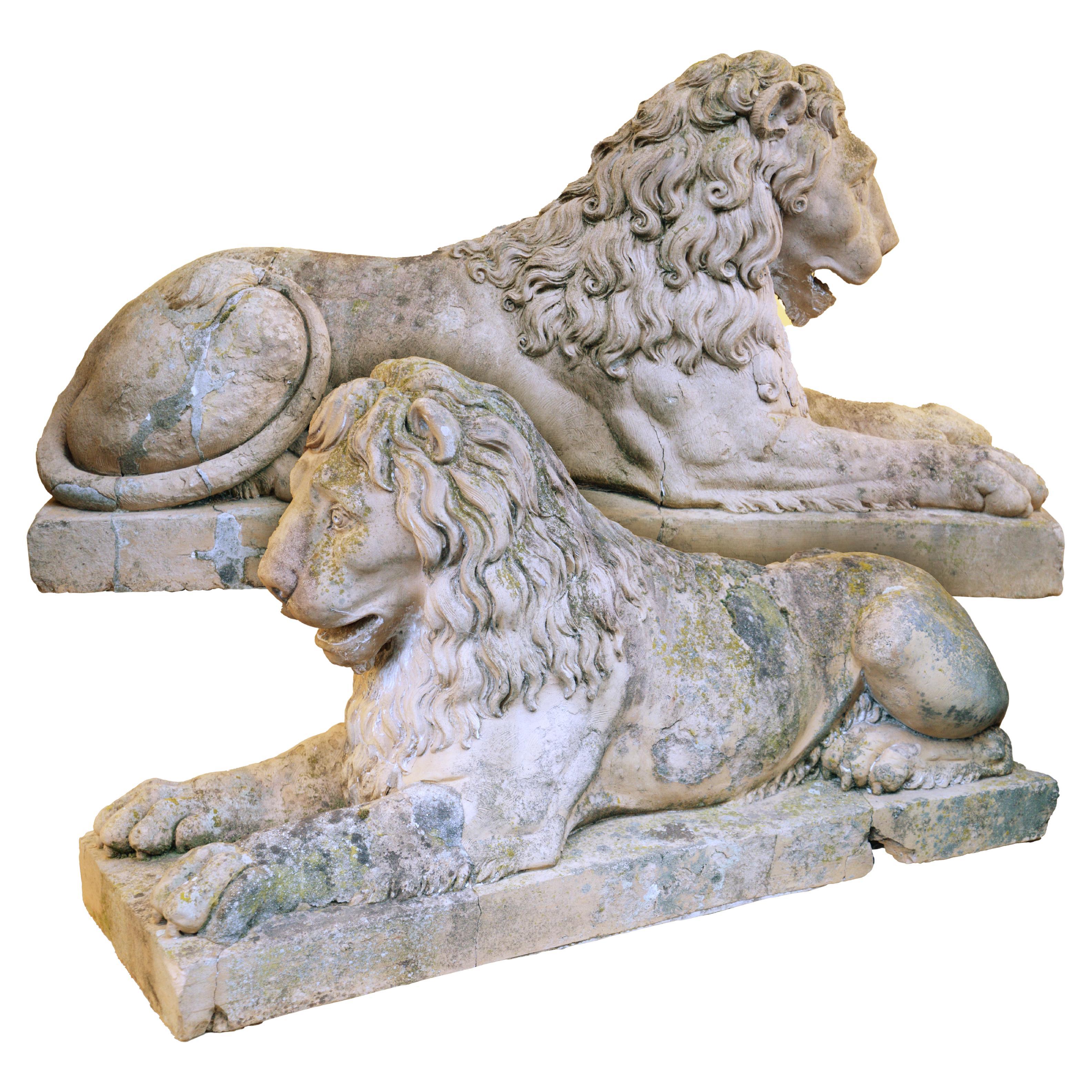 Pair of Terracotta Lion Statues, 18th Century For Sale