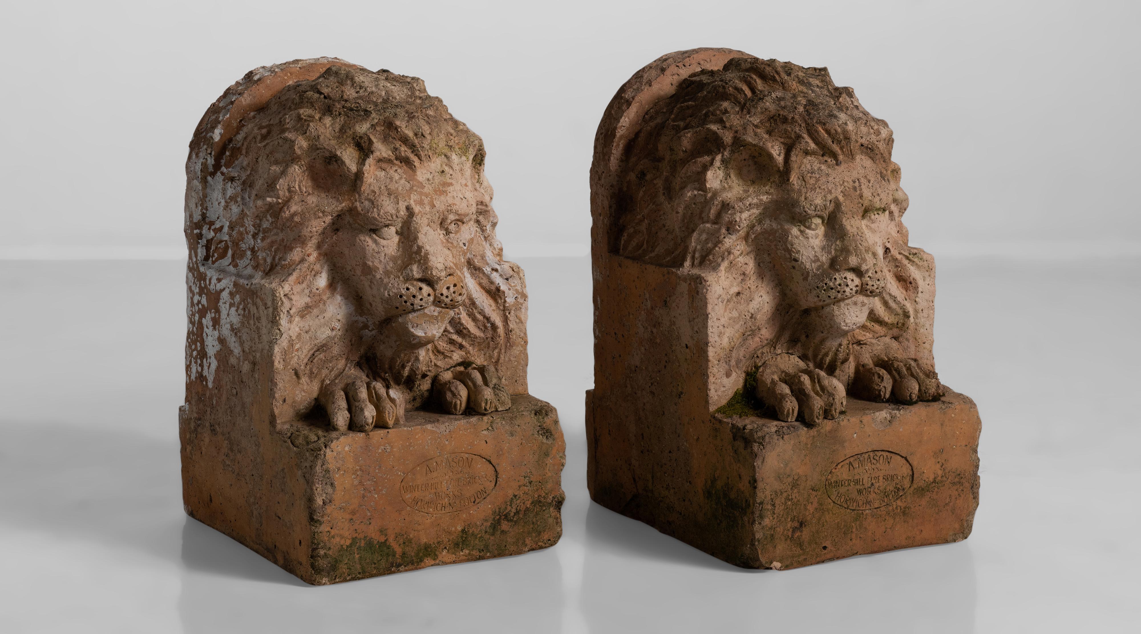 Victorian Pair of Terracotta Lions by Adam Mason & Sons, England, circa 1900