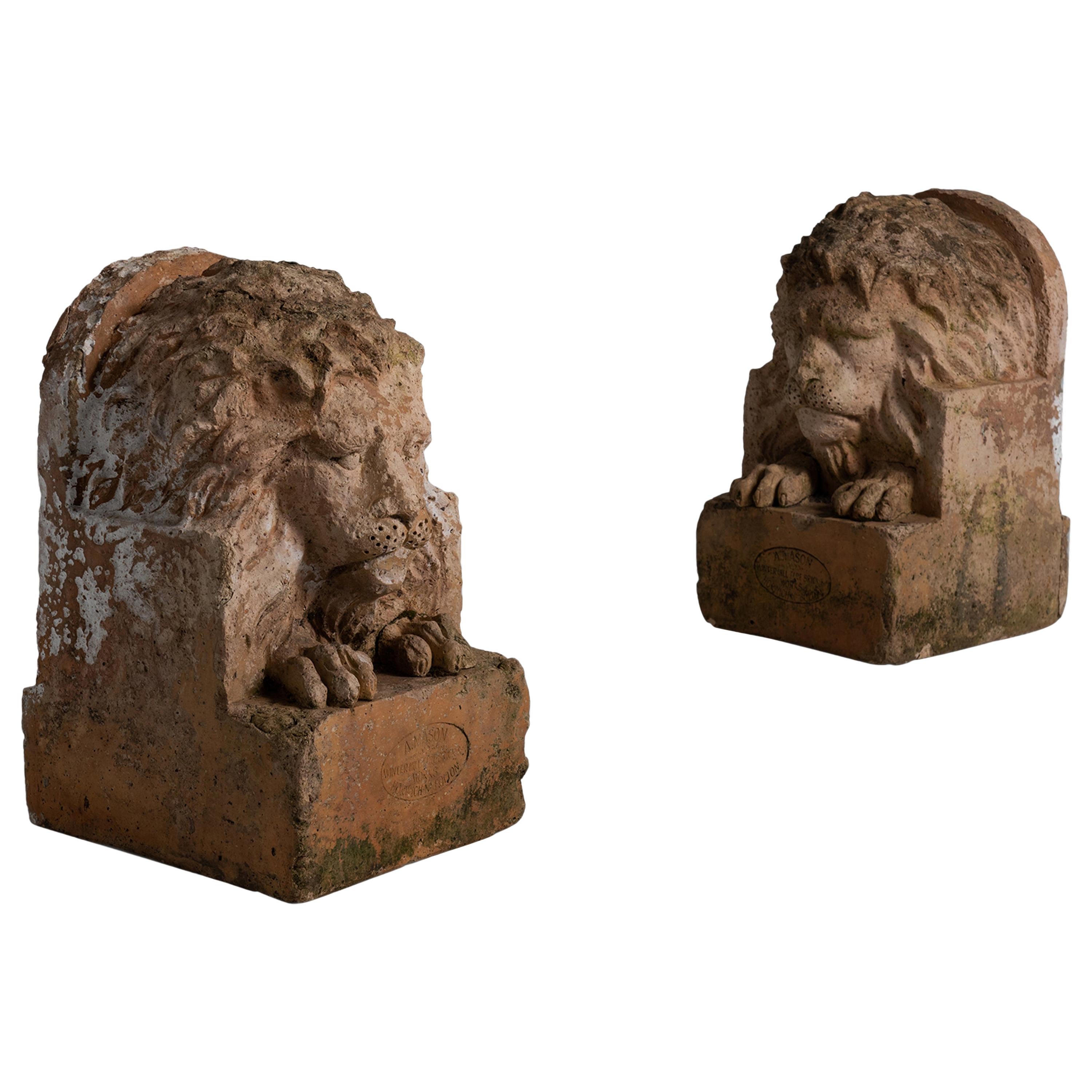 Pair of Terracotta Lions by Adam Mason & Sons, England, circa 1900