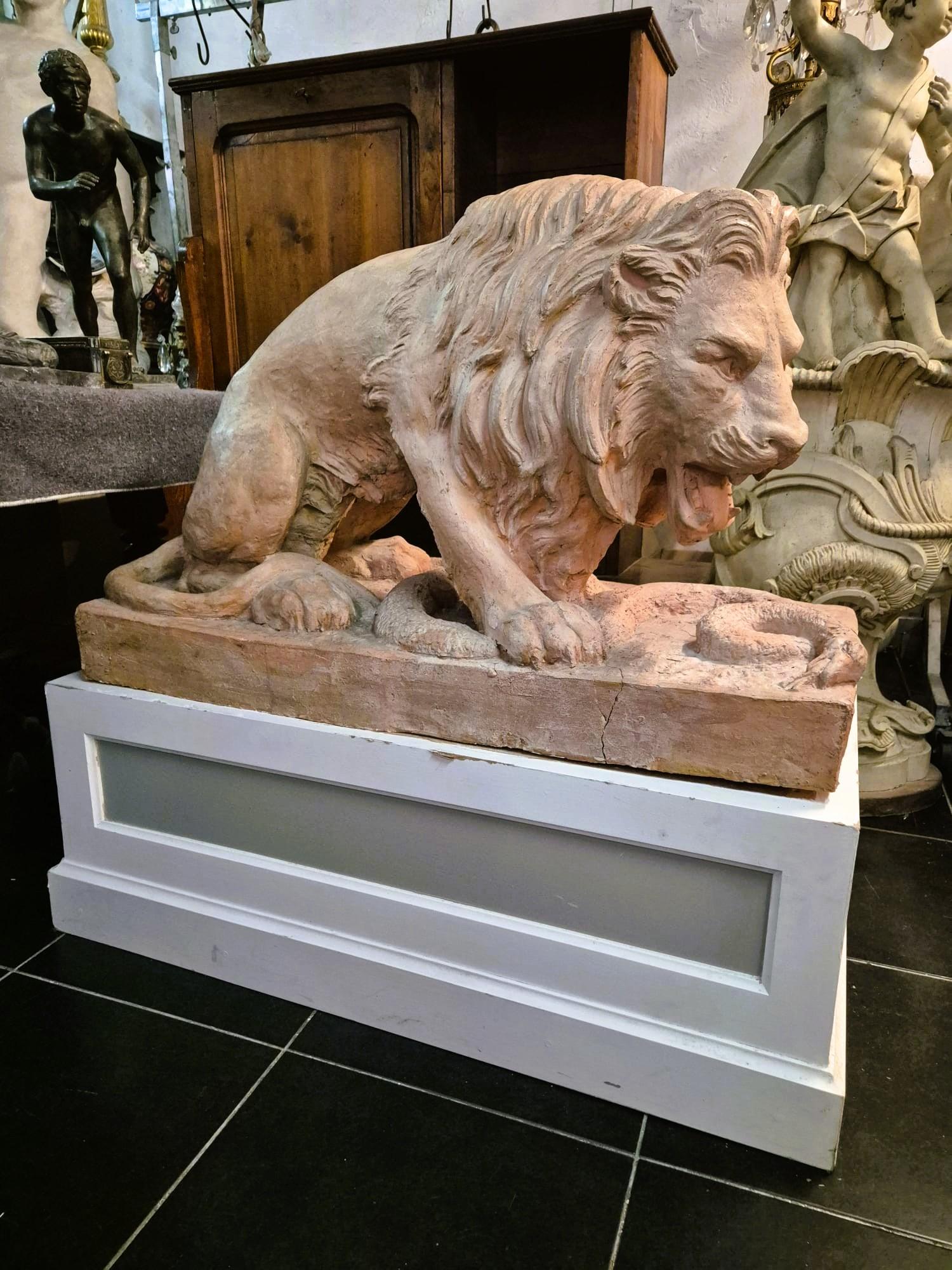 Coppia di leoni in terracotta su una base, XIX secolo in vendita 8