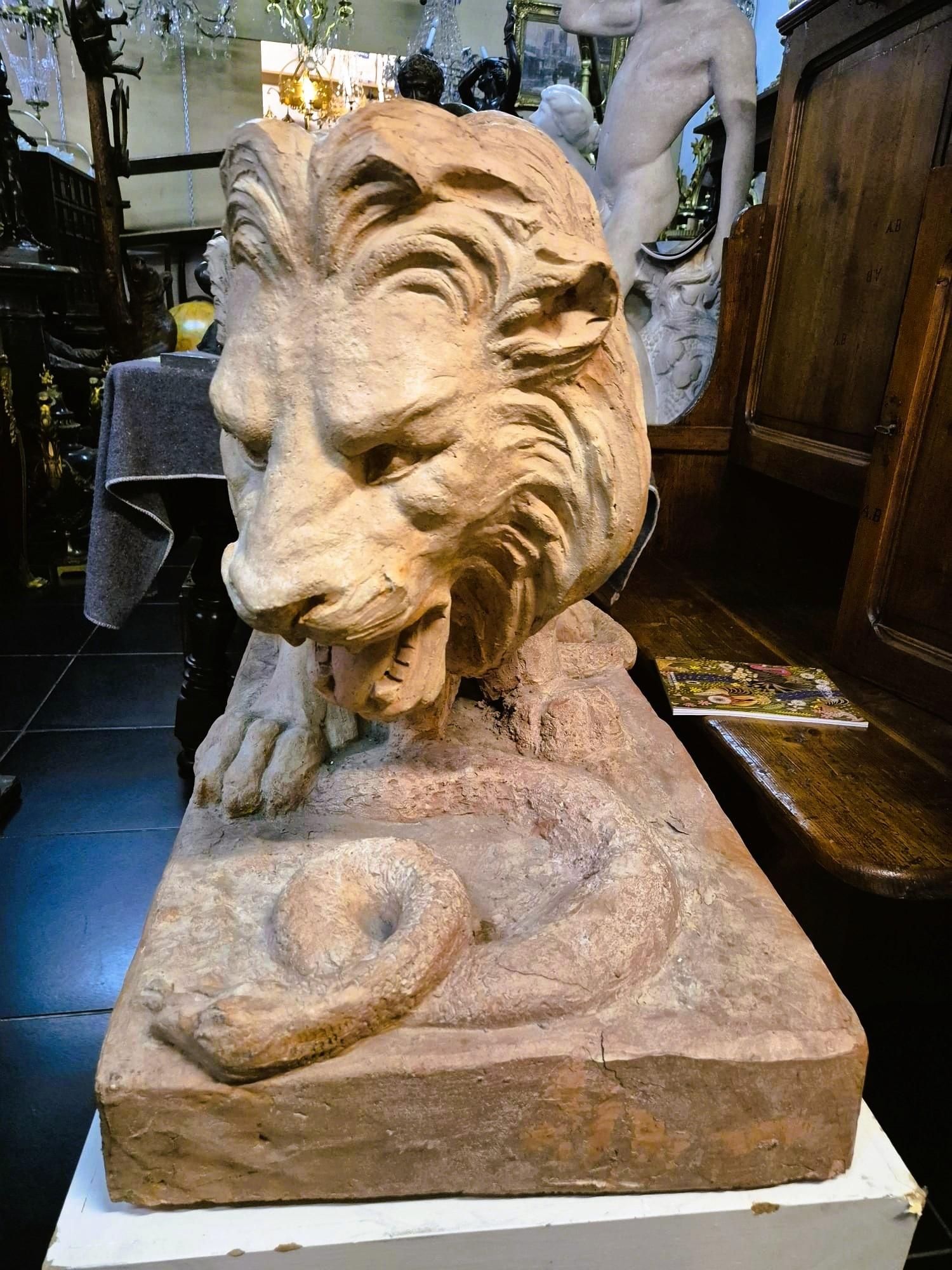 Coppia di leoni in terracotta su una base, XIX secolo in vendita 3