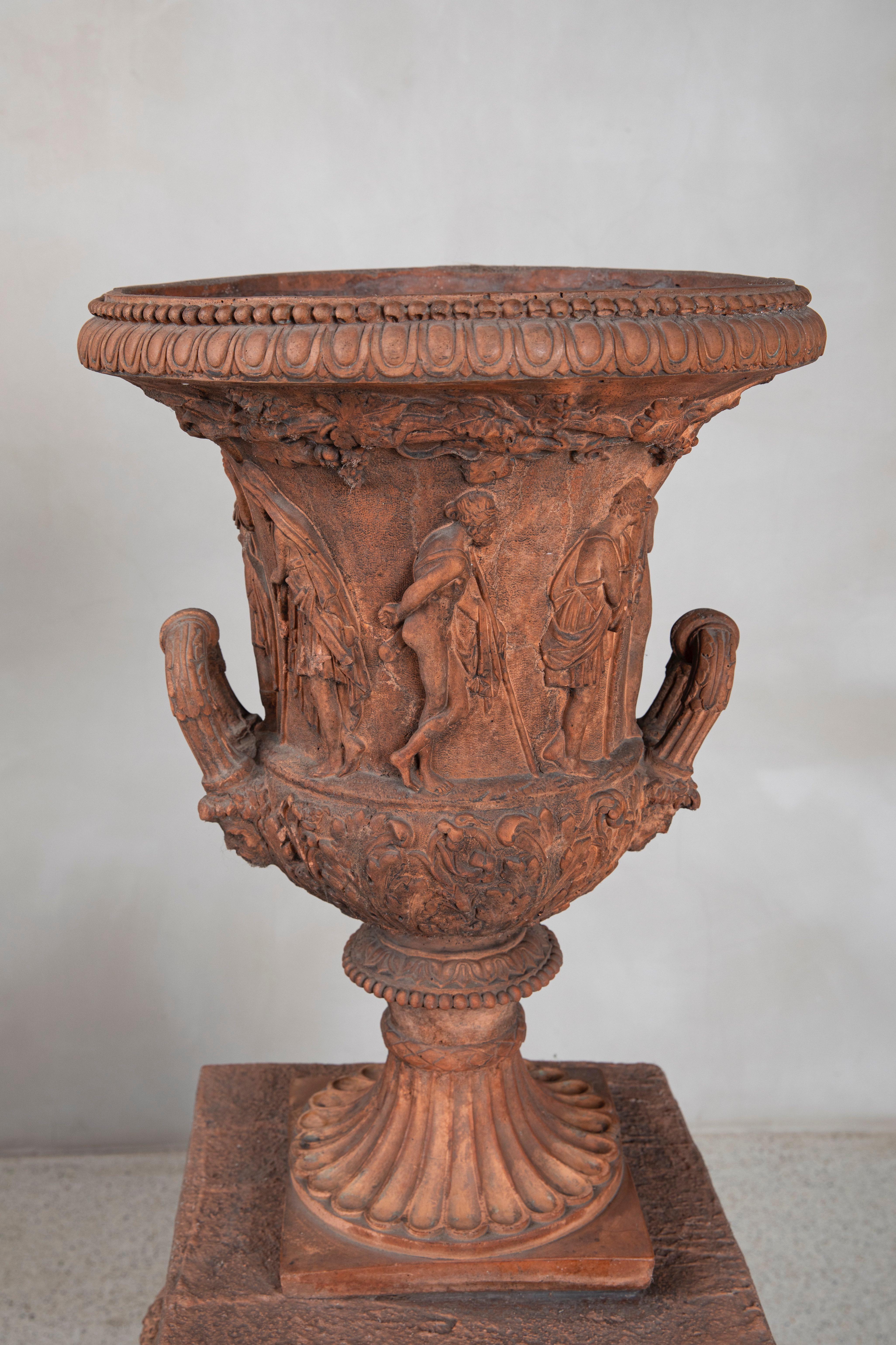 Neoclassical Pair of Terracotta Planters with Terracotta Bases, Italy, Late 19th Century For Sale