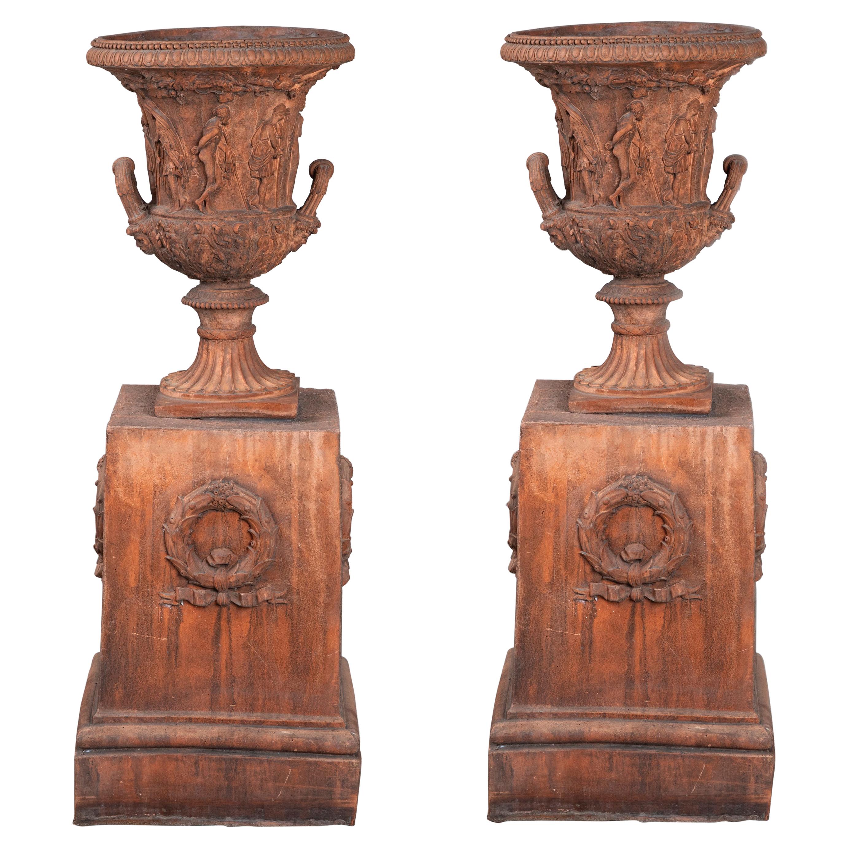 Pair of Terracotta Planters with Terracotta Bases, Italy, Late 19th Century For Sale