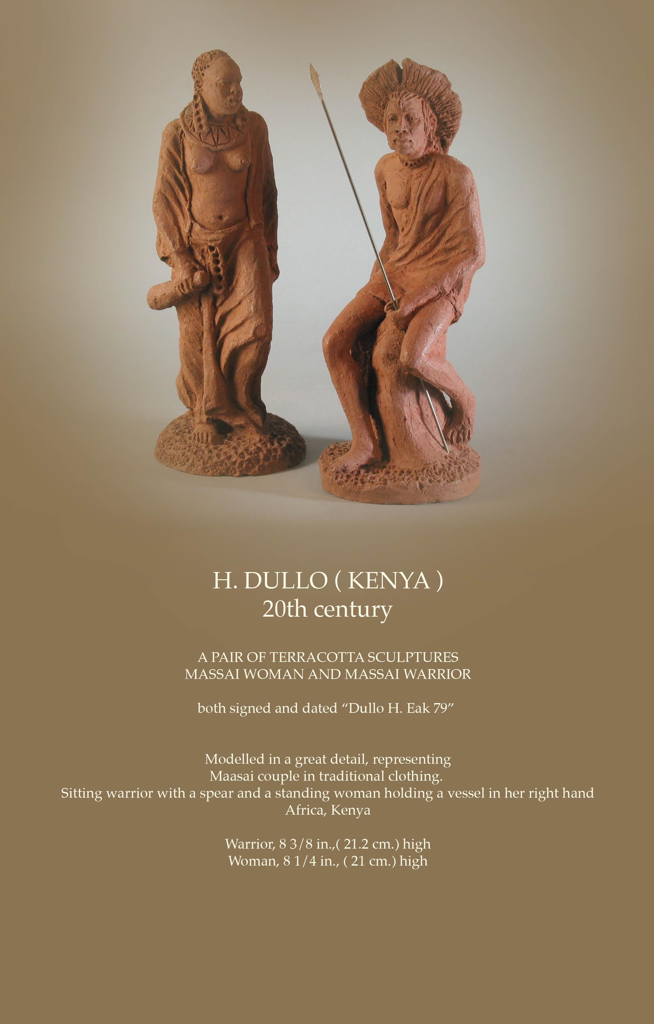 H. DULLO (KENYA),
20th century.

A pair of terracotta sculptures
Massai Woman and Massai Warrior.

Both signed and dated “Dullo H. Eak 79” 


Modelled in a great detail, representing
Maasai couple in traditional clothing. 
Sitting warrior with a
